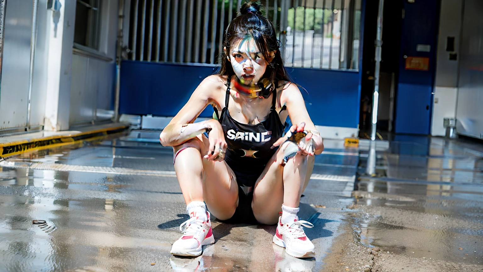 16 year old girl,standing pose,nine-headed body,Long-,camisole,sneakers