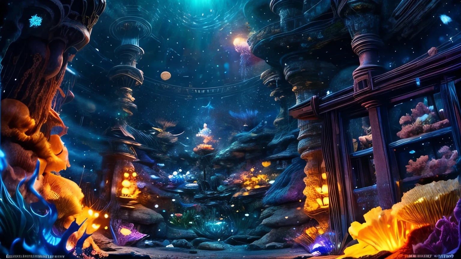 Music score playback、Colorful sheet music is played、Cute girl characters、 Night view from a high place、Drawing a large number of skyscrapers, Look up at the starry sky. Surround her with colorful nebulas and colorful metropolises。.