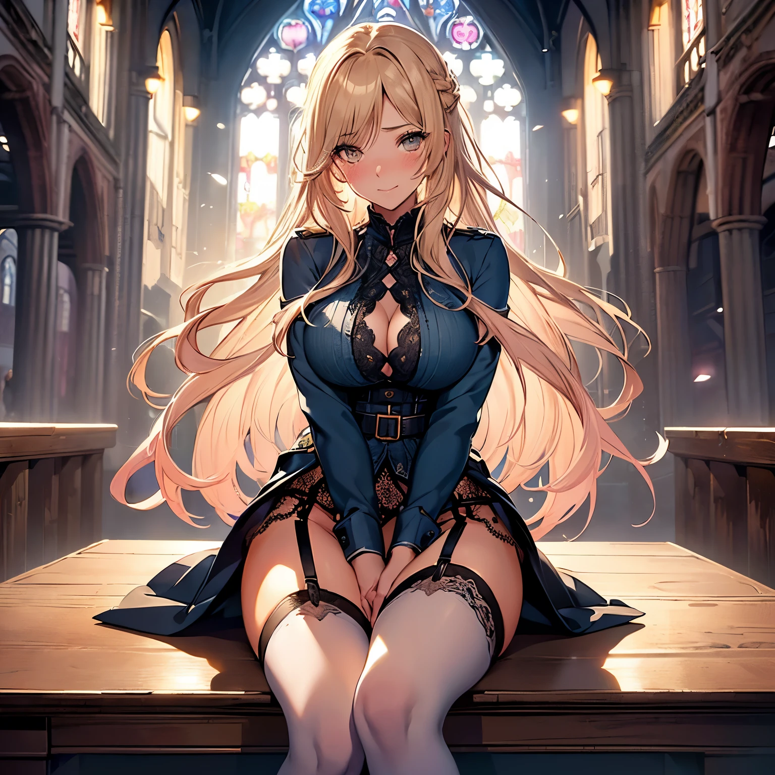 ((desktop, highest quality, high resolution, nffsw, pixel perfect, 4K, nffsw, nffsw))), 1 girl, king of fighters, female version of gonitz, single, lonely, beautiful, full body visible, ((brown eyes , Beautiful eyelashes, realistic eyes)), ((Detailed face, Blush: 1.2)), ((Smooth texture: 0.75, Realistic texture: 0.65, Realistic: 1.1, Anime CG style)), Medium chest, Dynamic angle, Perfect body, ((long blond hair, blue clothes, exposed thighs, garter belt, high heels, god)), empty church, sitting at the desk,, night,, very embarrassed panic smile, soft breasts (,, double Legs spread, pink floral lace panties),