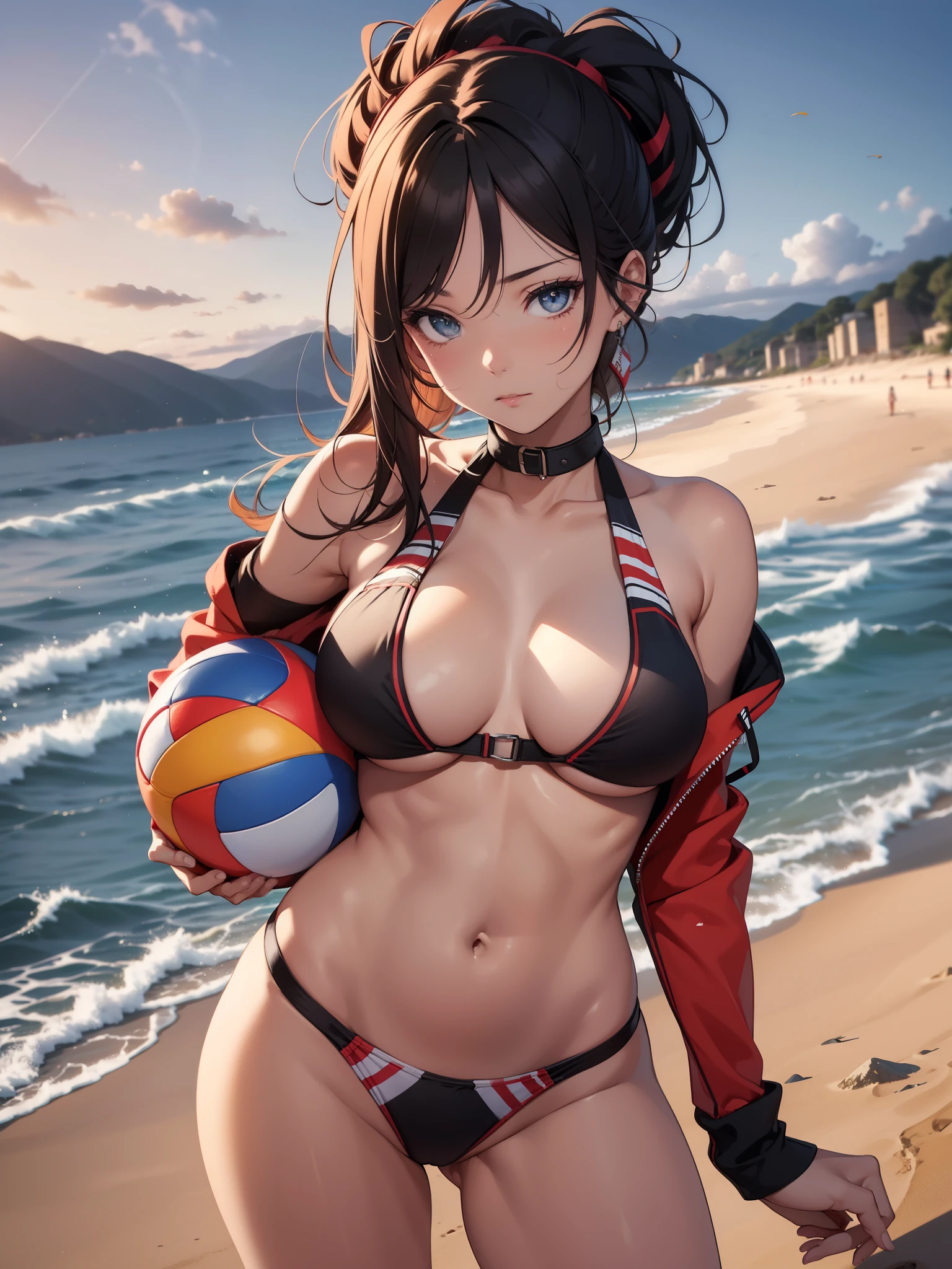 best quality, master part, circunstanciado, intrincado, Beautiful girl, musculoso, sexy, Tomboy, louro, atraente, playing beach volleyball, fundo simples, aesthetic, artistic, cinemactic, natural lighting, 夏天