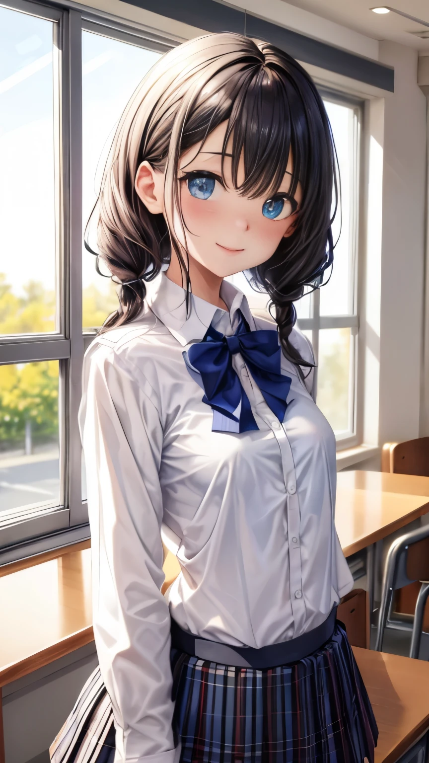 School, highest quality, (table top:1.2), figure, absurd, (1 girl), (alone), (beautiful detailed girl), (Upper body, portrait), small breasts, , smile, blush, looking at the viewer,looking at the viewer、1 girl、solo、Full body Esbian、standing、backwards、cowboy shot、 Waterstone、heterochromia iris、twin drill、{{school uniform}}, (white collared shirt:1.5), white shirt, checked skirt, pleated skirt,