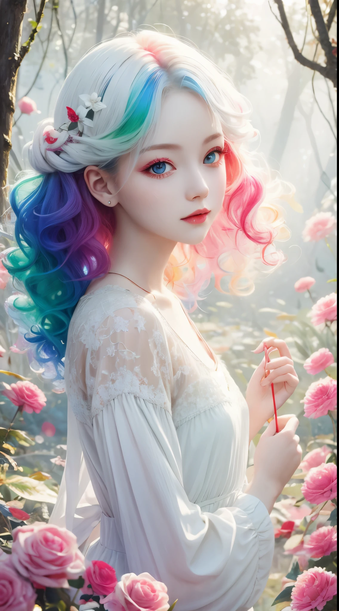 a girl，rainbow colored hair，Romanticized nature，curls，A dreamlike realm，light white and light red，Very good atmosphere，exquisite