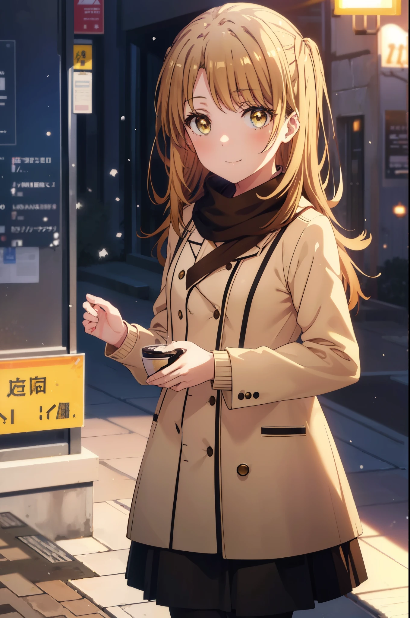irohaisshiki, Isshiki Iroha, long hair, light brown hair, (brown eyes:1.5), smile,blush,yellow long coat,sweater,red muffler,long skirt,Black pantyhose,short boots,winter,It's snowing,garden,階段に座ってる
break outdoors, city,garden,
break looking at viewer,
break (masterpiece:1.2), highest quality, High resolution, unity 8k wallpaper, (shape:0.8), (beautiful and detailed eyes:1.6), highly detailed face, perfect lighting, Very detailed CG, (perfect hands, perfect anatomy),