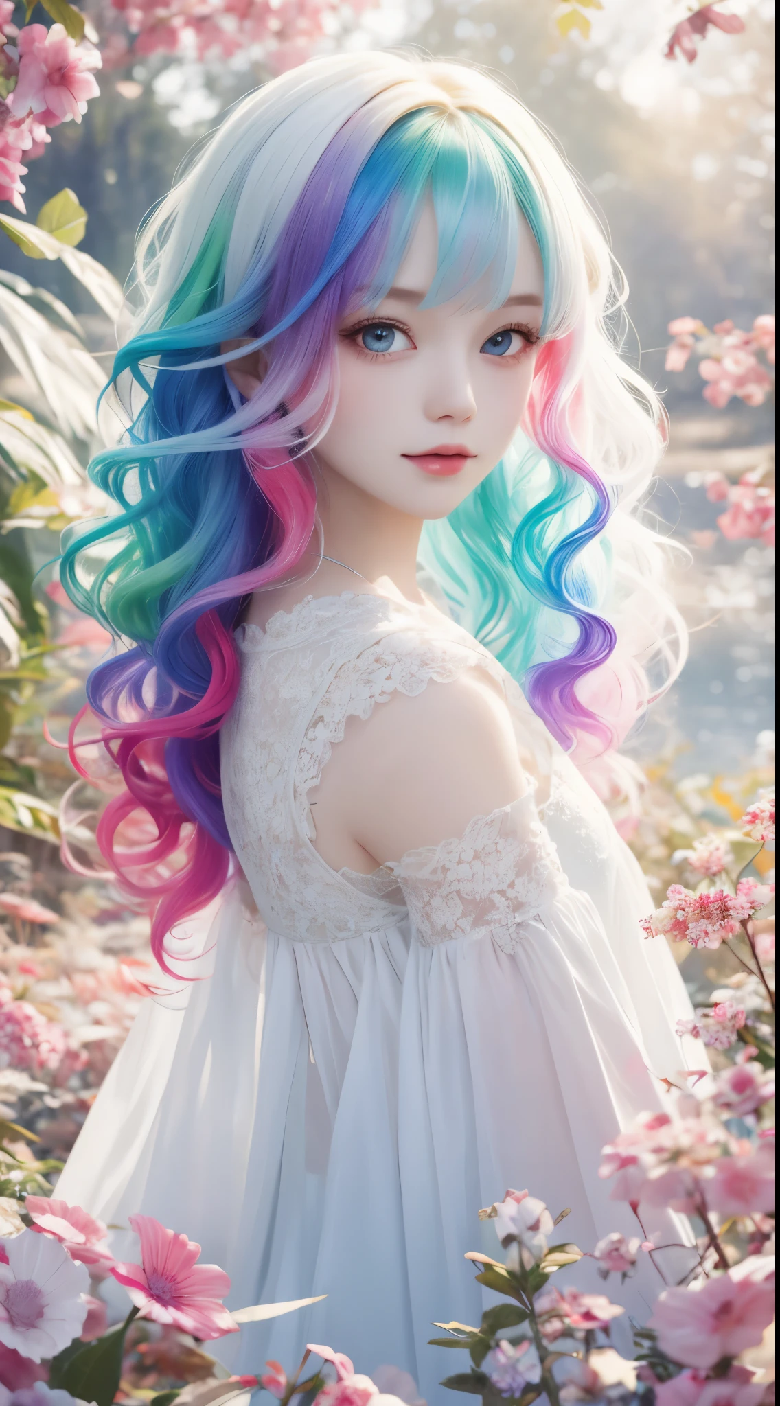 a girl，rainbow colored hair，Romanticized nature，curls，A dreamlike realm，light white and light red，Very good atmosphere，exquisite