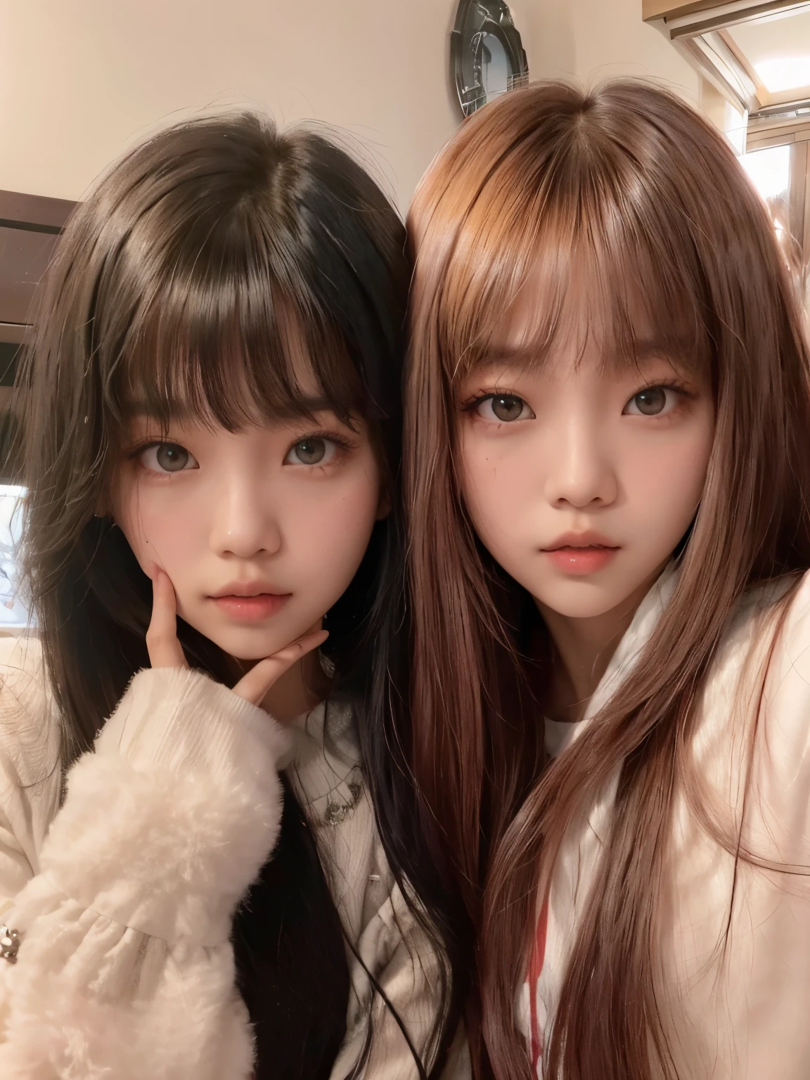 Two Asian girls posing for a photo in a bedroom., el corte de hime, long hair con flequillo completo, ulzzang, Lalisa Manobal, long hair con flequillo, con flequillo completo, con flequillo, long flequillo recto, neat hair con flequillo, Lalisa Manoban de Blackpink, she has black hair con flequillo, flequillo recto
