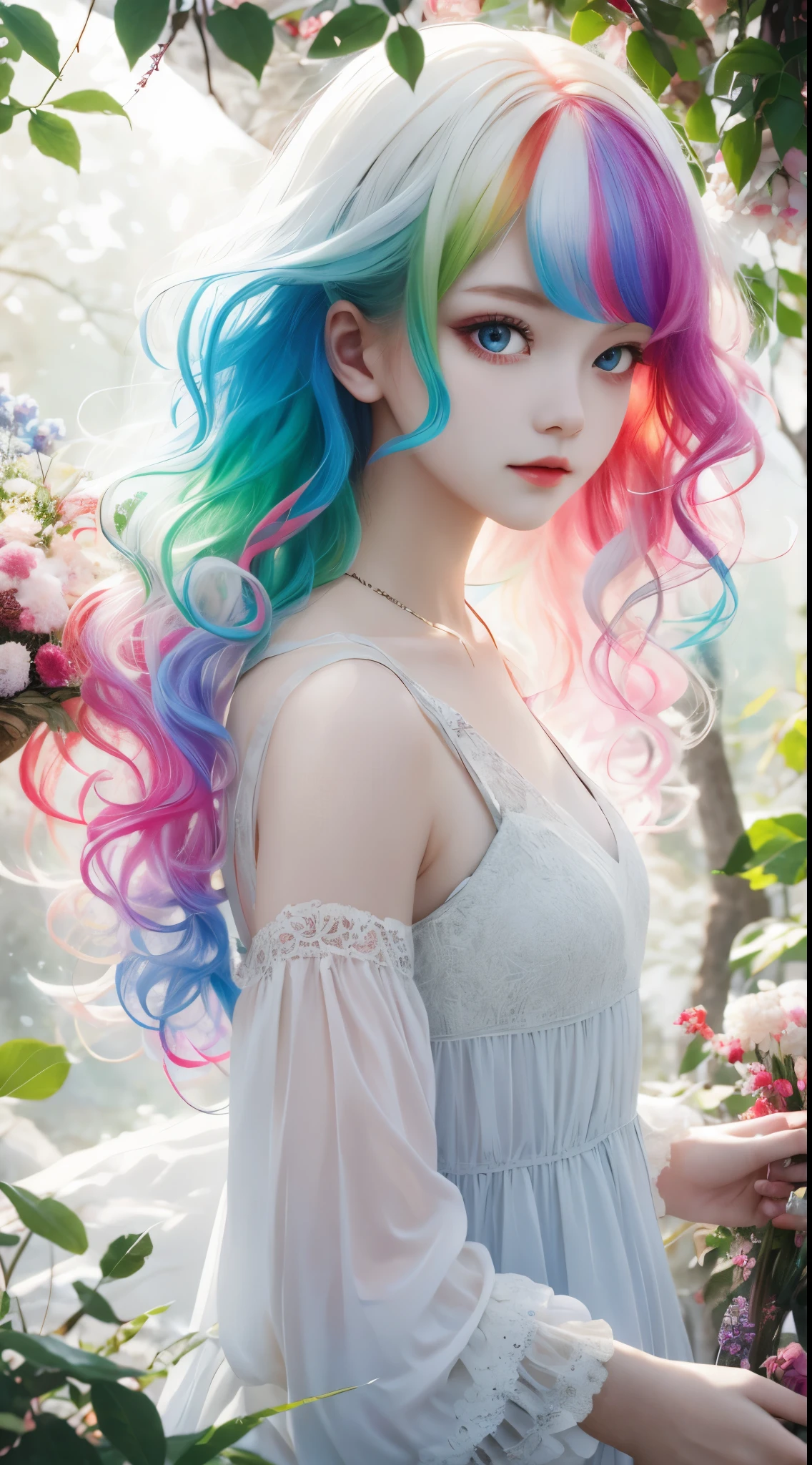 a girl，rainbow colored hair，Romanticized nature，curls，A dreamlike realm，light white and light red，Very good atmosphere