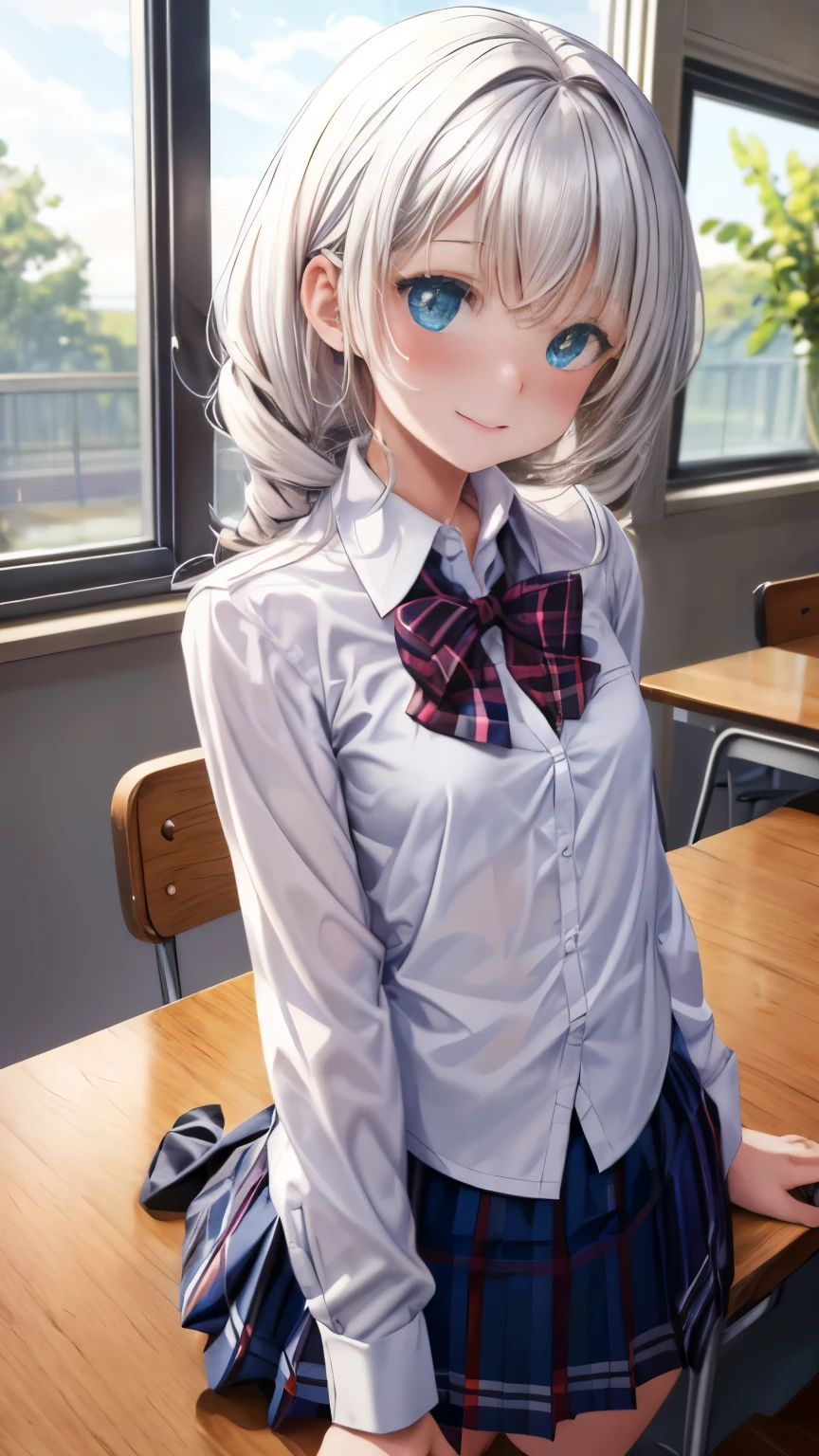 School, highest quality, (table top:1.2), figure, absurd, (1 girl), (alone), (beautiful detailed girl), (Upper body, portrait), small breasts, , smile, blush, looking at the viewer,looking at the viewer、1 girl、solo、Full body Esbian、standing、backwards、cowboy shot、 Waterstone、heterochromia iris、twin drill、{{school uniform}}, (white collared shirt:1.5), white shirt, checked skirt, pleated skirt,