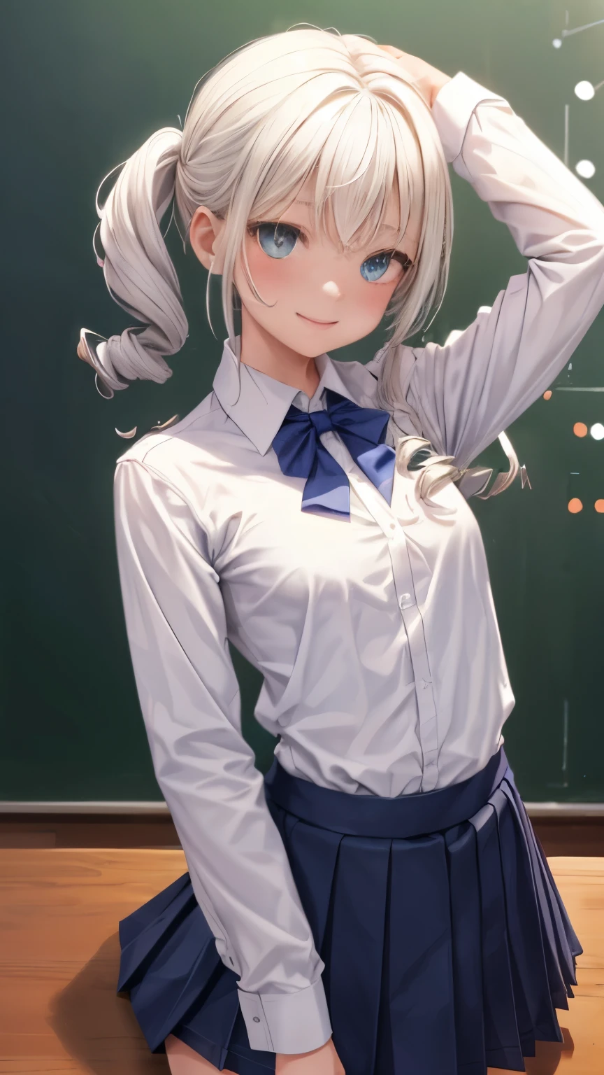 School, highest quality, (table top:1.2), figure, absurd, (1 girl), (alone), (beautiful detailed girl), (Upper body, portrait), small breasts, , smile, blush, looking at the viewer,looking at the viewer、1 girl、solo、Full body Esbian、standing、backwards、cowboy shot、 Waterstone、heterochromia iris、twin drill、{{school uniform}}, (white collared shirt:1.5), white shirt, checked skirt, pleated skirt,
