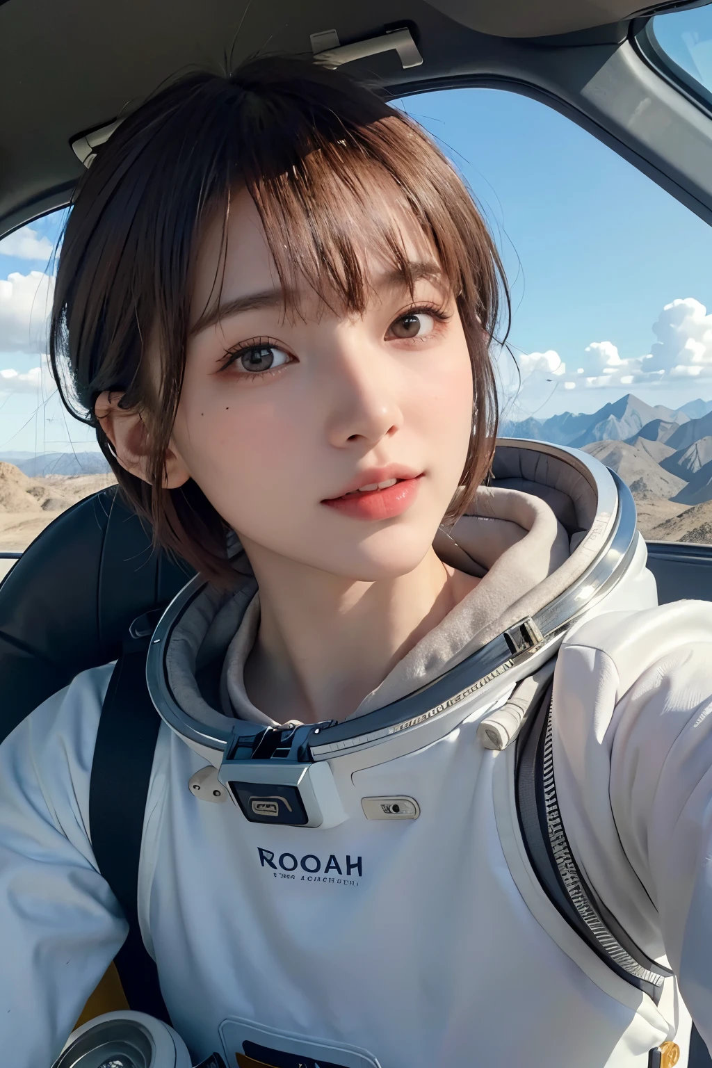 highest quality、masterpiece、ultra high resolution、(real:1.4)、Beautiful woman１、Beautiful details of eyes and skin、light brown short cut hair、smile、perfect space suit、spaceship、macrocosm、Sunlight、blue sky、Remains、rocky mountain、