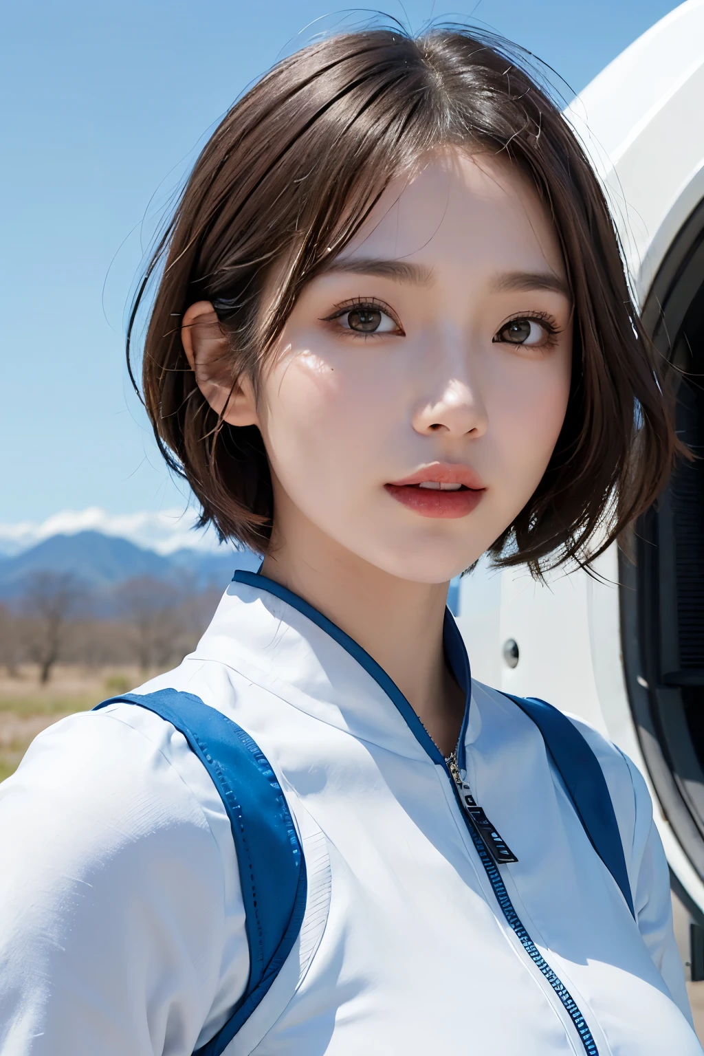 highest quality、masterpiece、ultra high resolution、(real:1.4)、Beautiful woman1、Beautiful details of eyes and skin、light brown short cut hair、smile、perfect space suit、spaceship、macrocosm、Sunlight、blue sky、Remains、