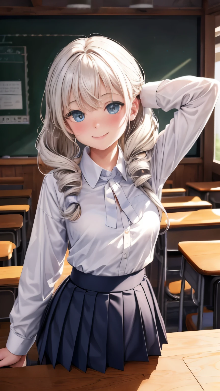 School, highest quality, (table top:1.2), figure, absurd, (1 girl), (alone), (beautiful detailed girl), (Upper body, portrait), small breasts, , smile, blush, looking at the viewer,looking at the viewer、1 girl、solo、Full body Esbian、standing、backwards、cowboy shot、 Waterstone、heterochromia iris、twin drill、{{school uniform}}, (white collared shirt:1.5), white shirt, checked skirt, pleated skirt,