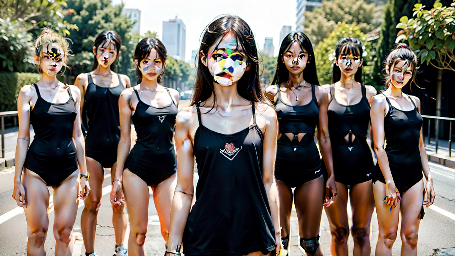 16 year old girl,standing pose,nine-headed body,Long-,camisole,sneakers