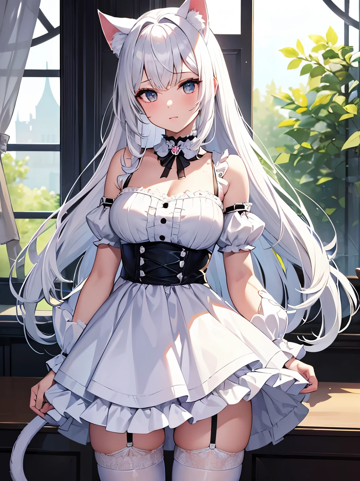 masterpiece, {{{{Highest quality}}}}, beautiful,1 girl, White_hair, cat ears(White), cat tail(White), frilled choker、miniskirt_dress, bare_shoulders, garter belt,garter straps