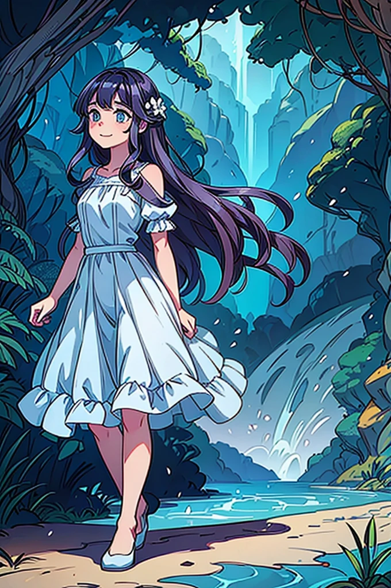 happy girl with blue eyes and wavy hair with a princess dress walking in a sunny flowerful jungle near a river, high details, anime, landscape