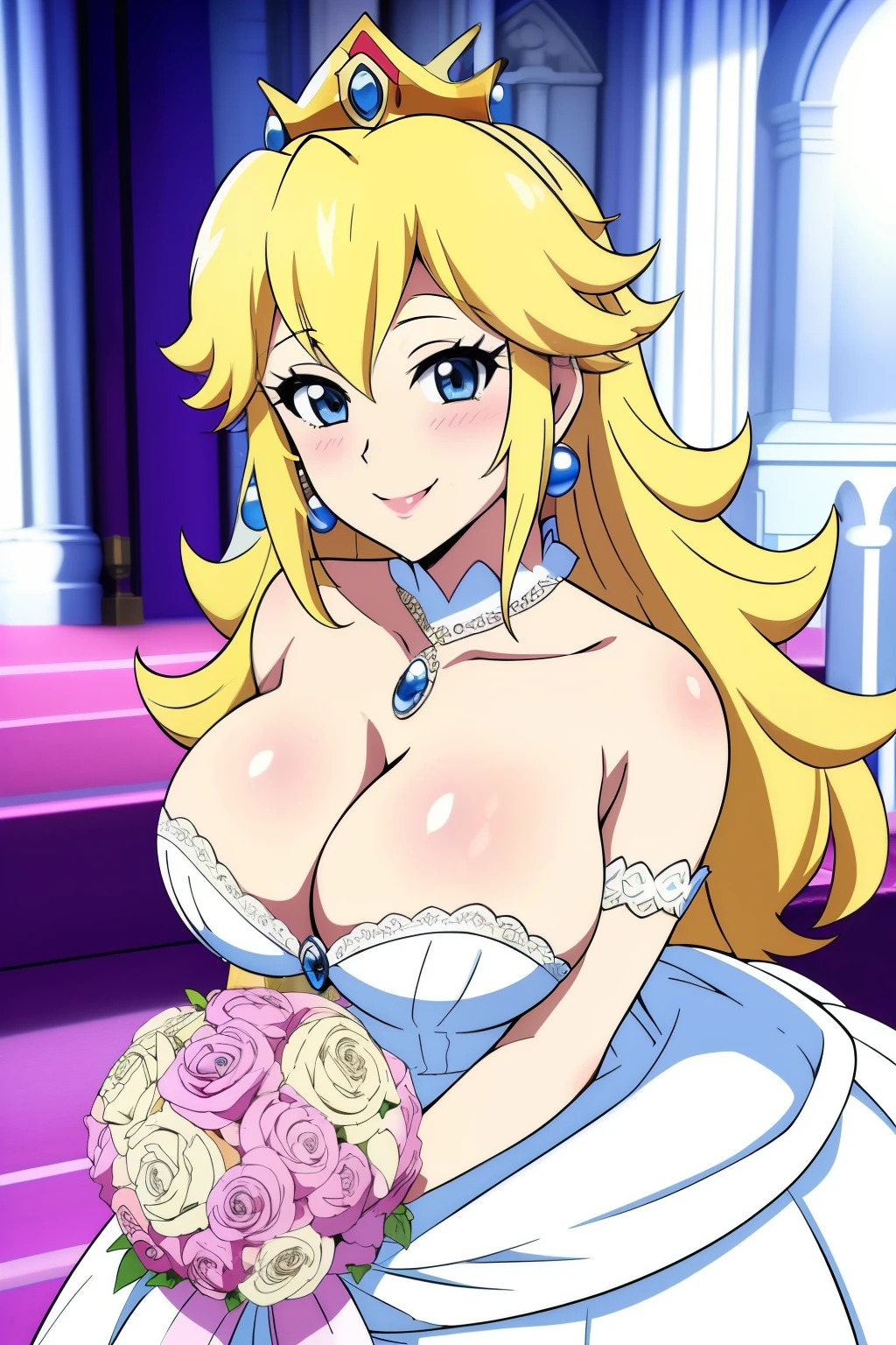 Masterpiece, best quality, Princess Peach,  blonde_female, blonde_hair,  blue_eyes, breasts, cleavage, hair_between_eyes, huge_breasts, solo, 1girls, strapless, smile, white wedding dress, wedding veil, upper body, holding bouquet, church,   anime screencap, 