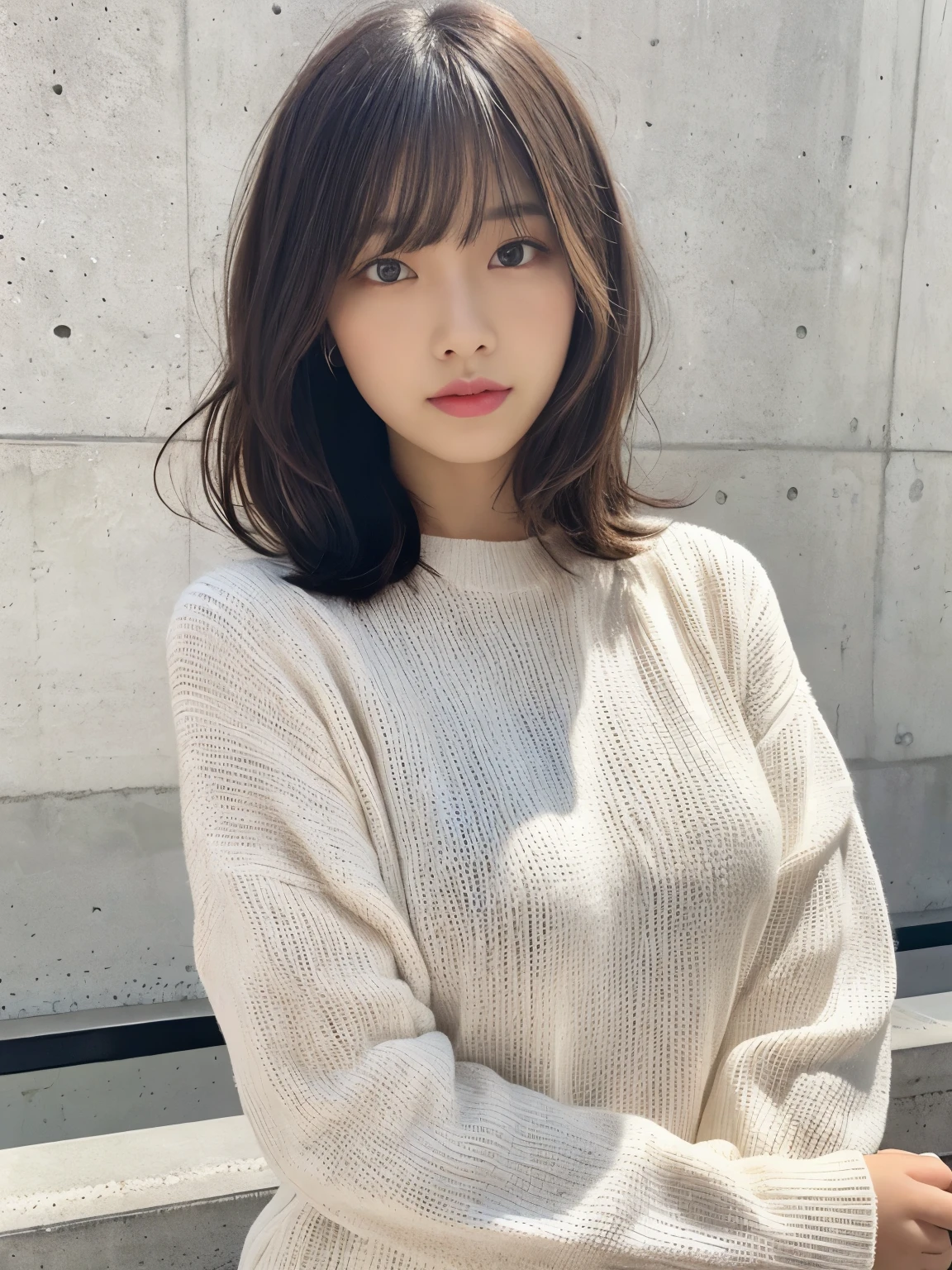 "(highest quality、16K resolution)"1 girl、solo、natural soft light、、Upper body、japanese woman、((Don't look at the camera))white long sleeve knit、((Concrete background))facing the front、Versatile poses、standing、beaver、woman in her 30s、light bangs、short hair、salon model、natural look、Portrait、floating hair、curled hair、(constricted hair)