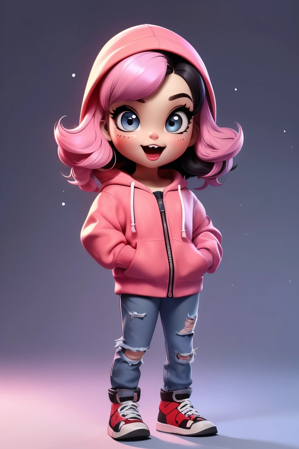 ​masterpiece、top-quality、ultra-detailliert、(Chibi, female that is hybrid humancat, black and pink hair, Full-body character board with multiple poses and facial expressions, wearing hoodie with jeans, Pixar style, age 10