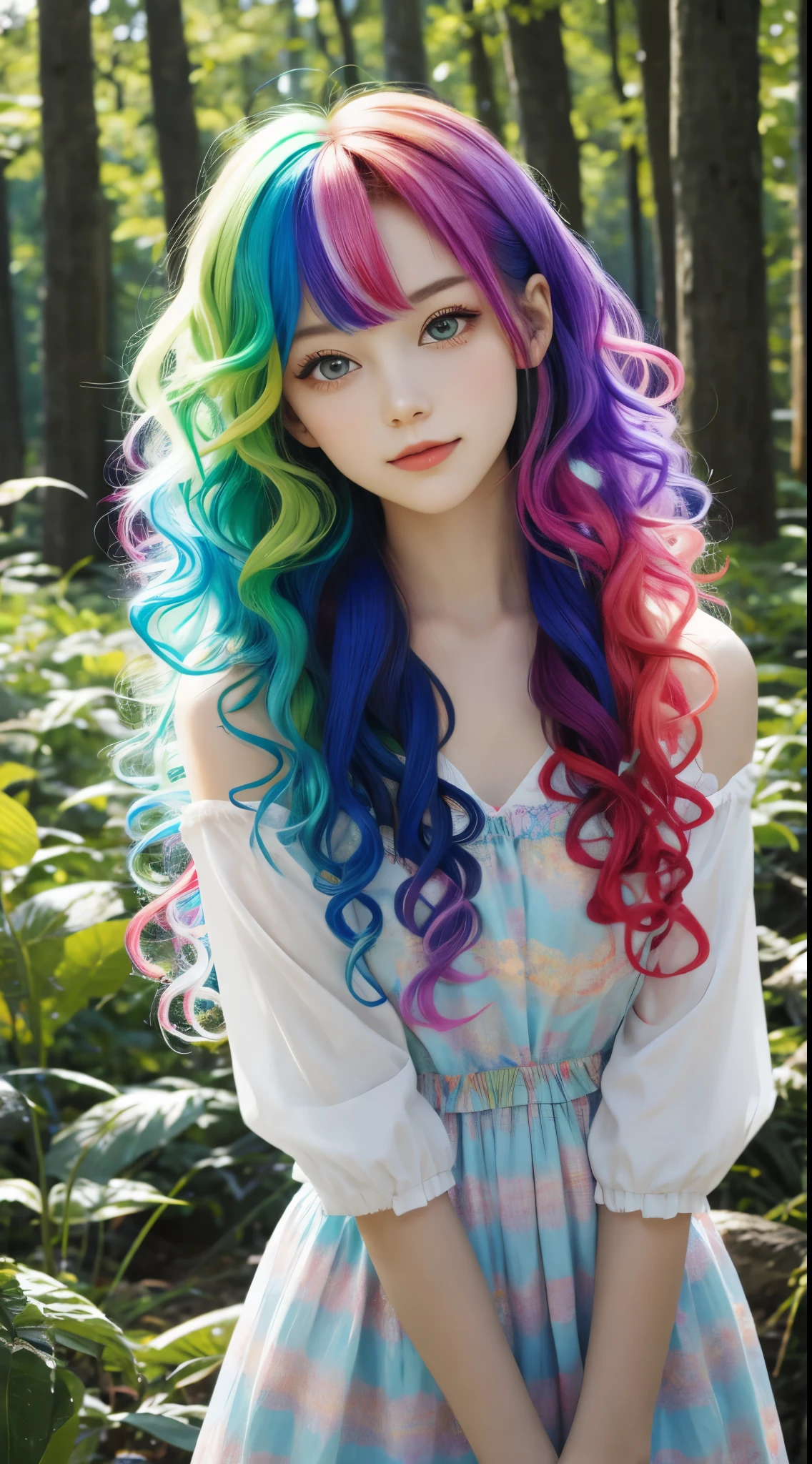 a girl，rainbow colored hair，Romanticized nature，curls，dream