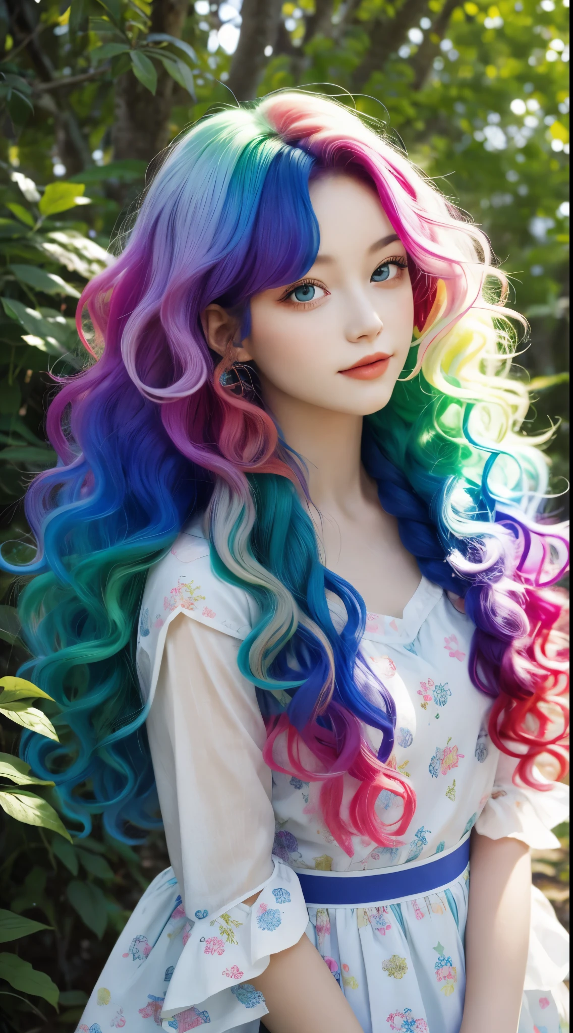a girl,rainbow colored hair,Romanticized nature,curls,dream