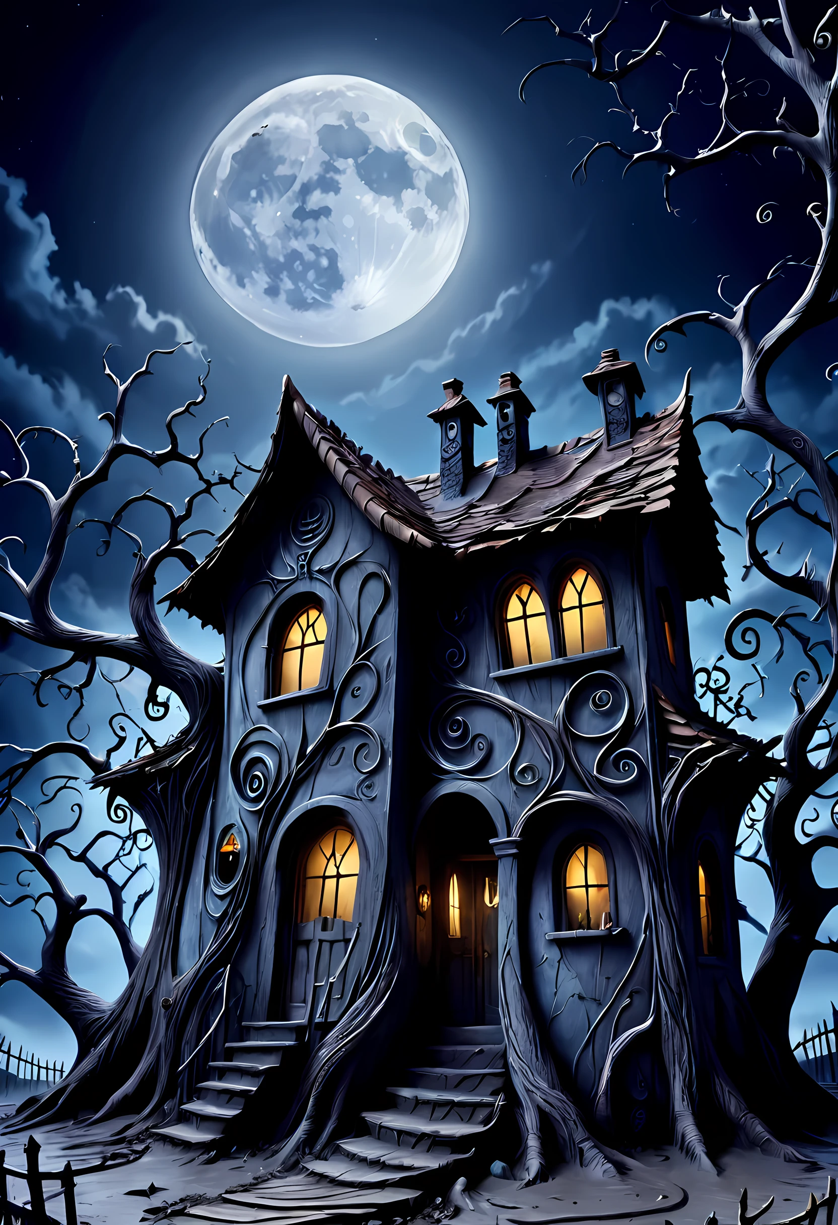 The Nightmare Before Christmas、old mud house、male and female couple、Under a dead tree、moon night、The moon is half hidden in clouds、the bats、Tim Burton Films、High color rendering、high detail