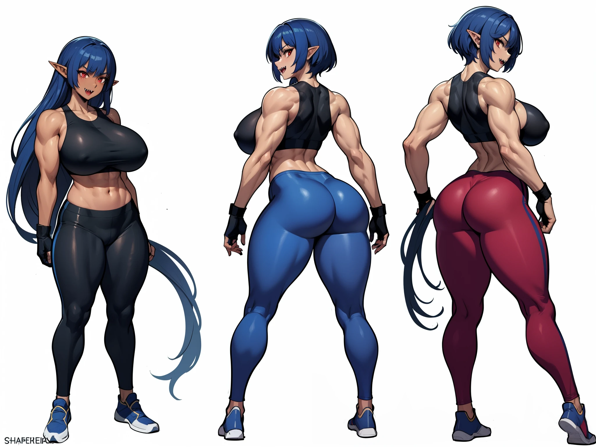 Dark elf woman, dark skin, red eyes, blue hair, fangs, huge breasts, long muscular shapely legs, combat gloves, tight sports bra, tight lycra pants, 8k, hd, masterpiece, white background, full body, character design sketch in various perspectives, rear, front, 3 /4, profile
