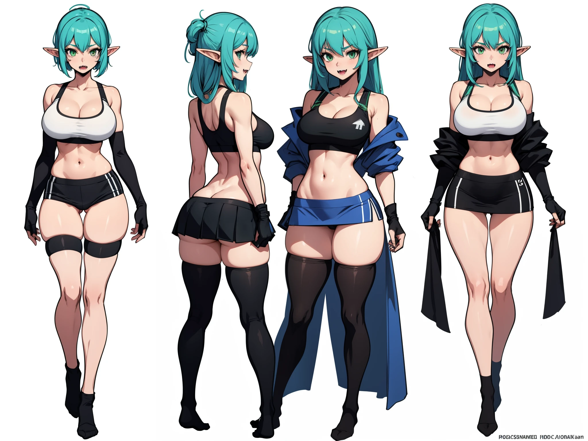 Elf woman, light skin, green eyes, long blue hair, fangs, medium breasts, long shapely legs, combat gloves, tight sports bra, mini skirt, high stockings, 8k, hd, masterpiece, white background, full body, character design sketch in various perspectives, rear, front, 3 /4, profile