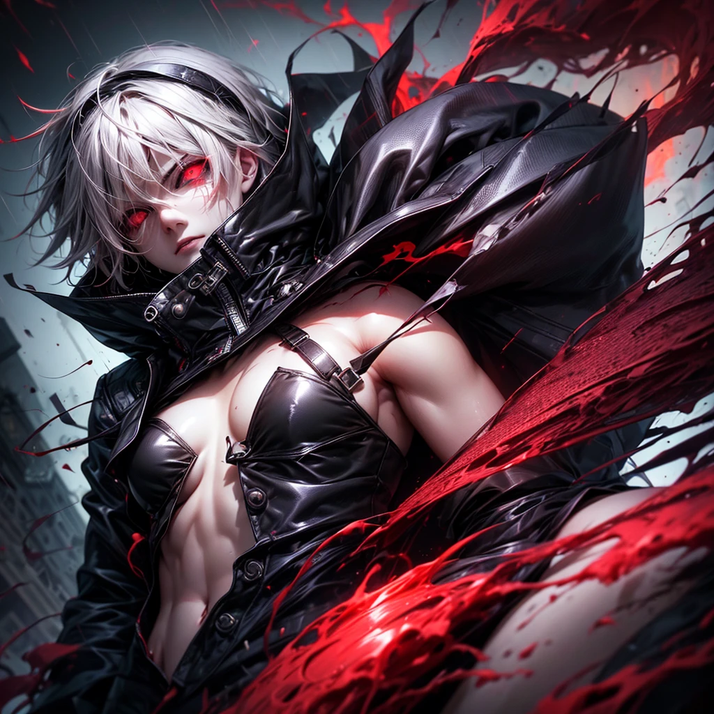 sexy female character, Kaneki Fem, unbuttoned hoodie, dripping rain, Red and black color palette, detailed eyes and face, ((One red eye with black sclera)), ((Heterochromia)), black long ash hair, Menacing aura, dark atmosphere, mysterious atmosphere, Intense expression, urban setting, Smoke and shadows, haunting presence, stylish and edgy, ray tracing, perfect combination of light and dark, intense gaze, Captivating presence, smooth and sharp, Contrast of red and black, supernatural abilities suggested, Rain-drenched streets, atmosphere of danger, Mysterious personality, urban gothic aesthetic, Stormy weather, exciting and alluring, shade of blood red, smoky streets, thoughtful protagonist, stormy skies,(unbutton your pants),(Open the bottom zipper), (Best quality, 8K, a high resolution)