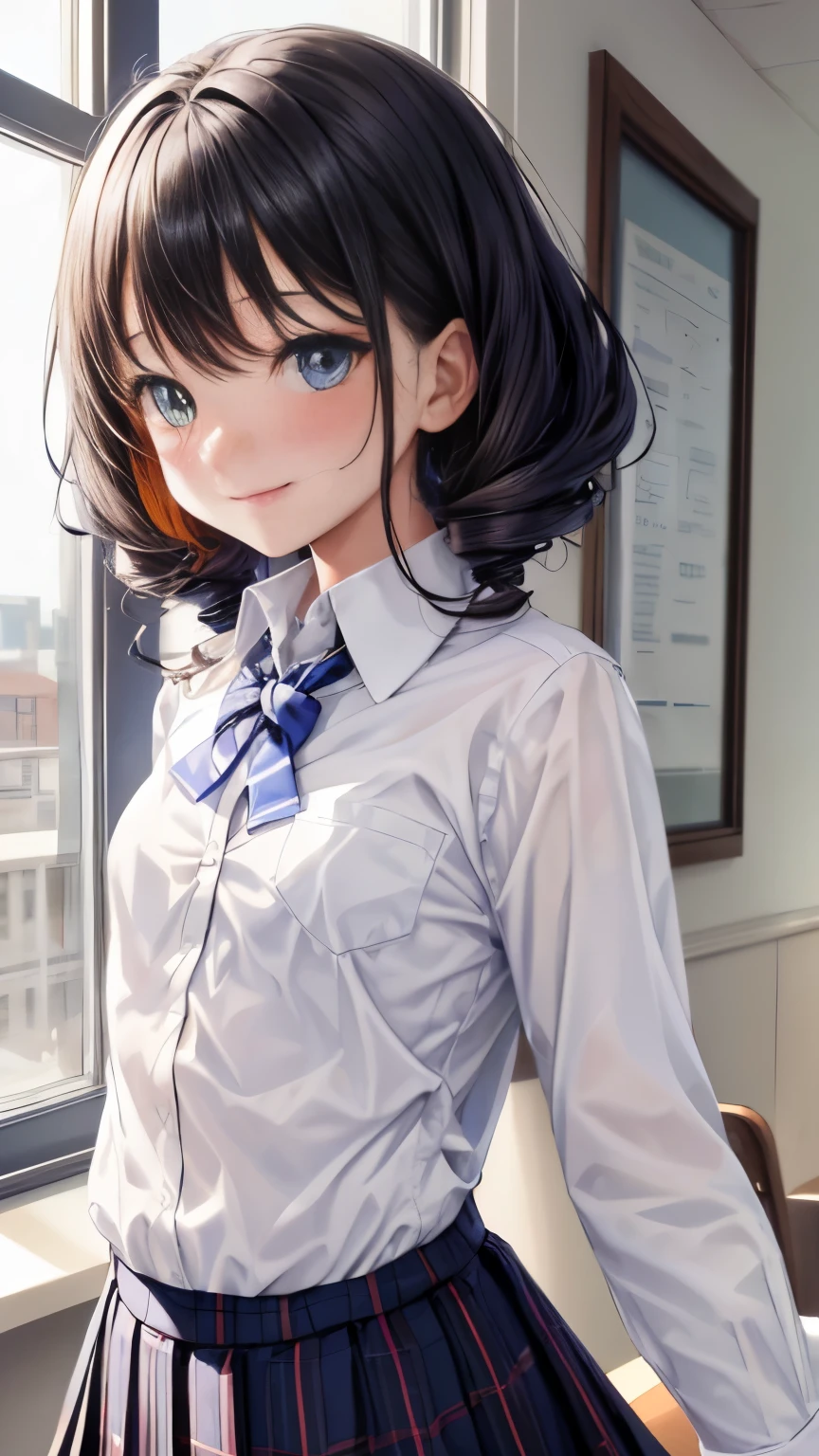 School, highest quality, (table top:1.2), figure, absurd, (1 girl), (alone), (beautiful detailed girl), (Upper body, portrait), small breasts, , smile, blush, looking at the viewer,looking at the viewer、1 girl、solo、Full body Esbian、standing、backwards、cowboy shot、 Waterstone、heterochromia iris、twin drill、{{school uniform}}, (white collared shirt:1.5), white shirt, checked skirt, pleated skirt,