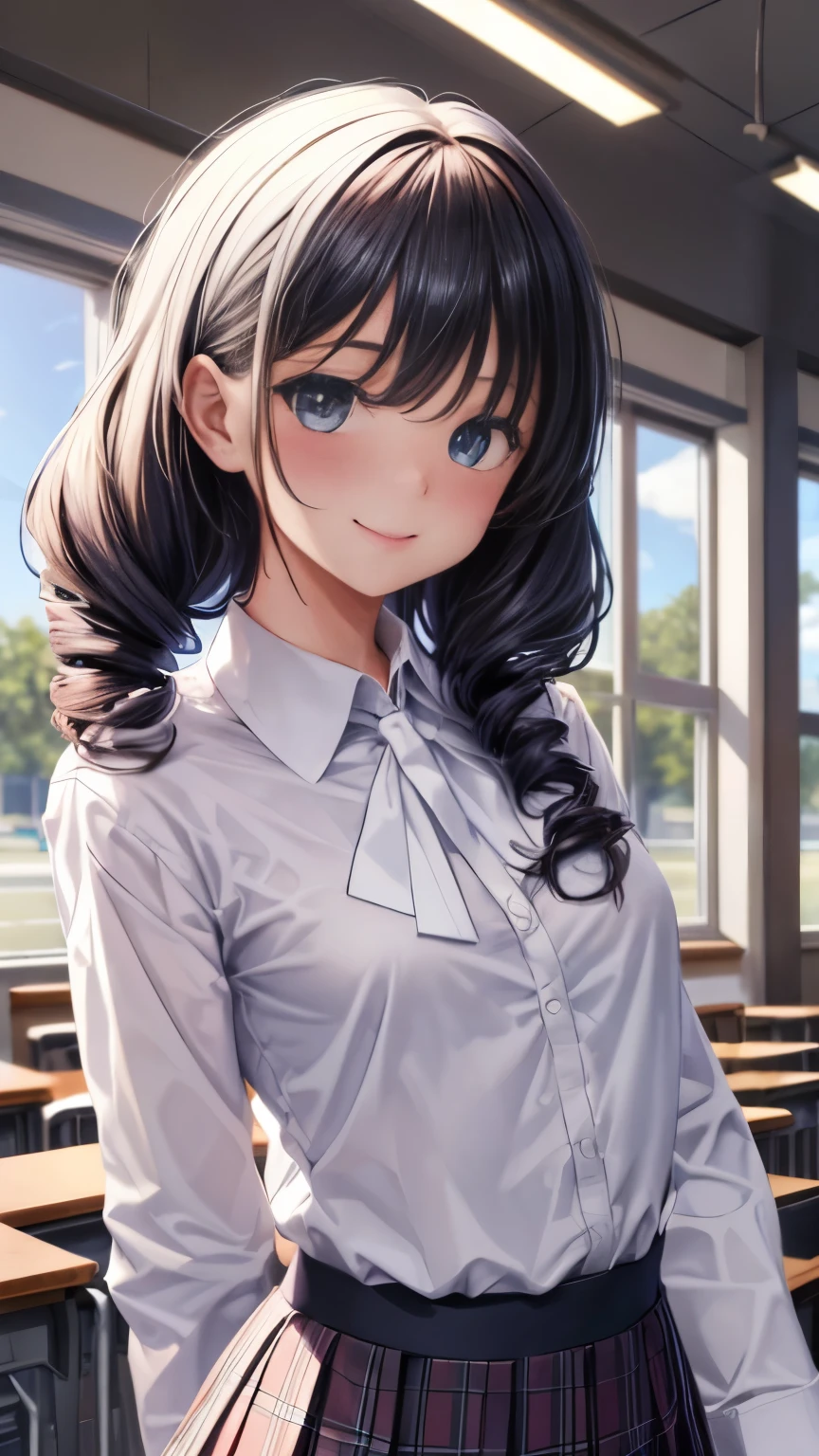 School, highest quality, (table top:1.2), figure, absurd, (1 girl), (alone), (beautiful detailed girl), (Upper body, portrait), small breasts, , smile, blush, looking at the viewer,looking at the viewer、1 girl、solo、Full body Esbian、standing、backwards、cowboy shot、 Waterstone、heterochromia iris、twin drill、{{school uniform}}, (white collared shirt:1.5), white shirt, checked skirt, pleated skirt,