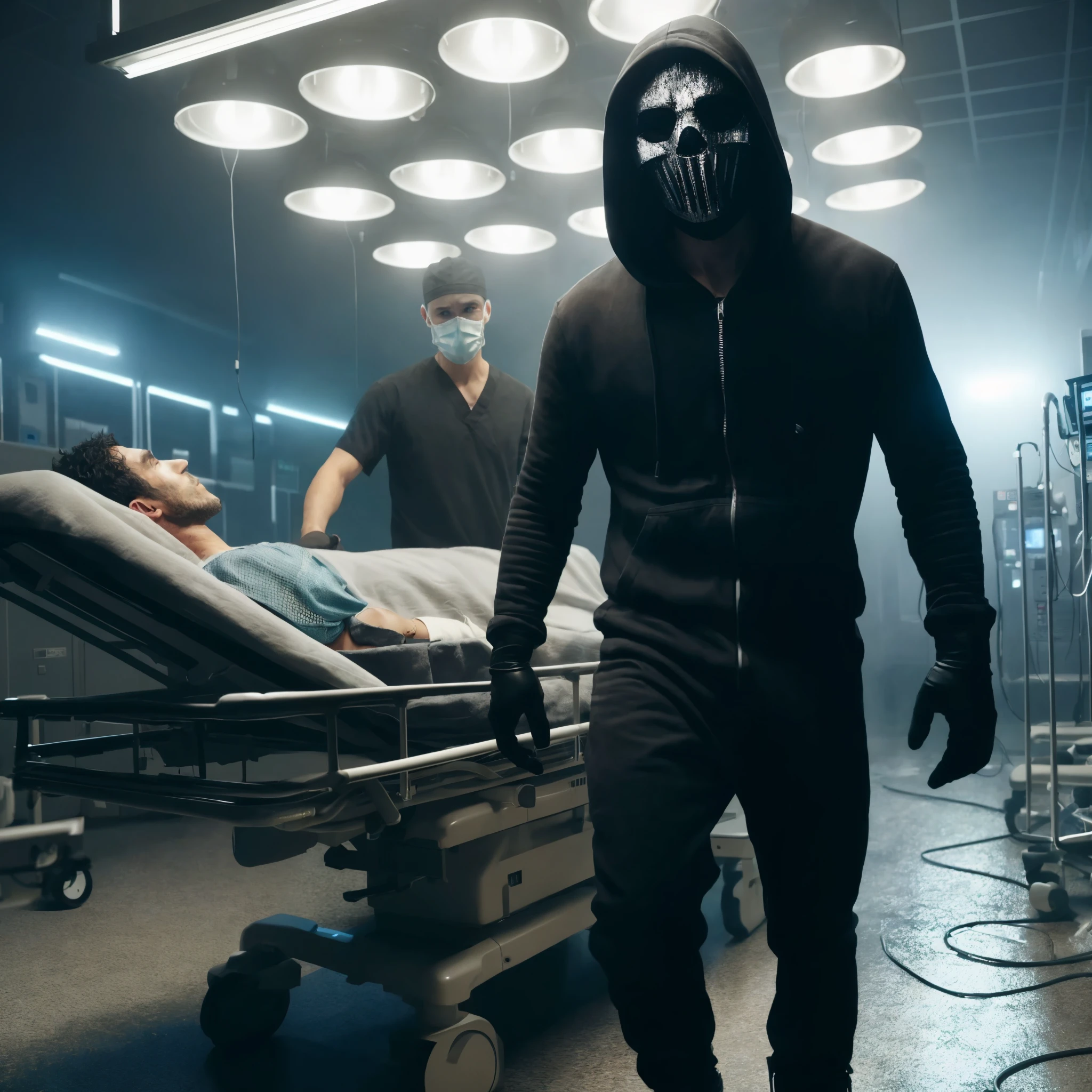 arafed man in a mask walks in a hospital room, masked doctors, scene from live action movie, still from a live action movie, 8 k movie still, scene from a movie, white man with black fabric mask, masked person in corner, sick, in this ominous scene, from a 2 0 1 9 sci fi 8 k movie, still image from tv series