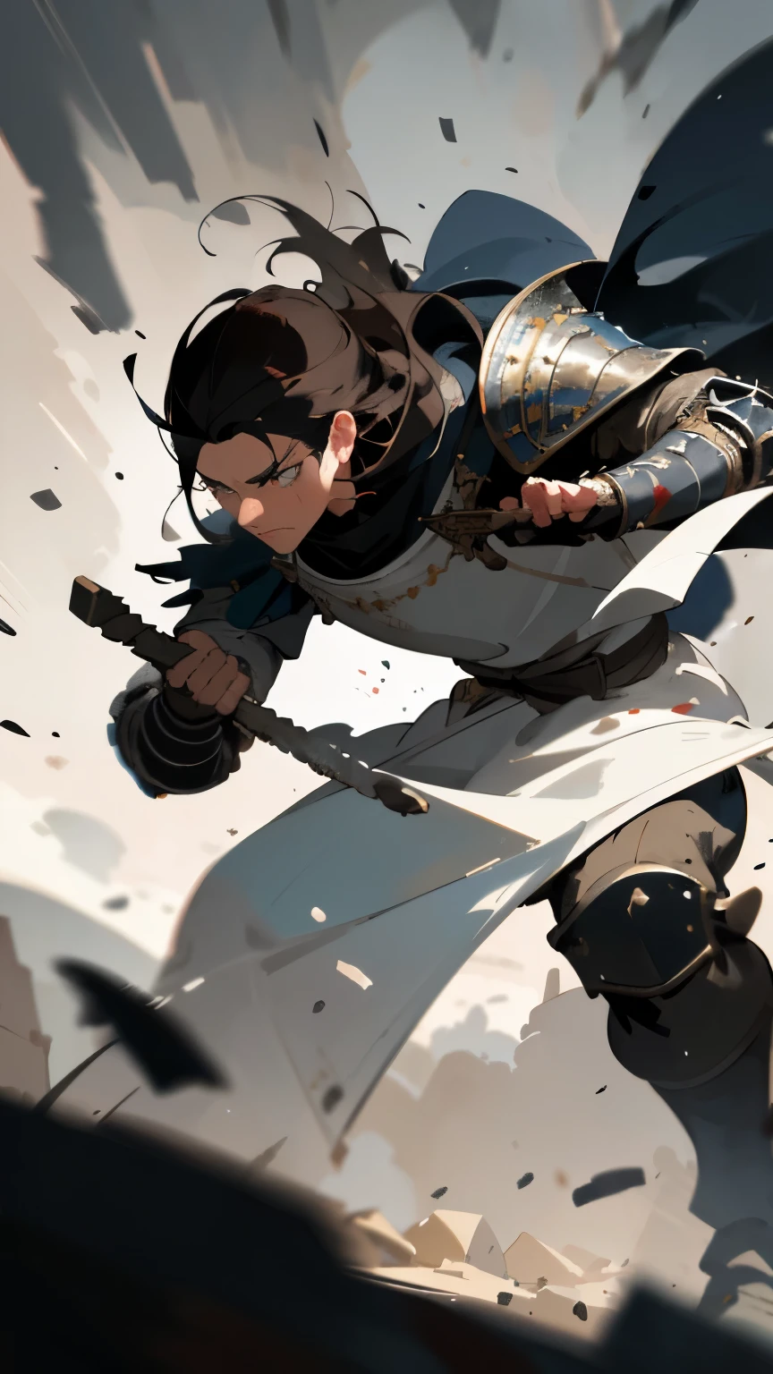 beautiful detailed eyes, dark hair, confident expression, dynamic pose, blurred background, cinematic lighting, realistic rendering, vibrant colors, traditional painting style, medieval theme, epic atmosphere, intense action, strong and determined character, masterful brushstrokes, high contrast, dramatic shadows, finely detailed clothing and armor, ancient ruins in the background, striking composition