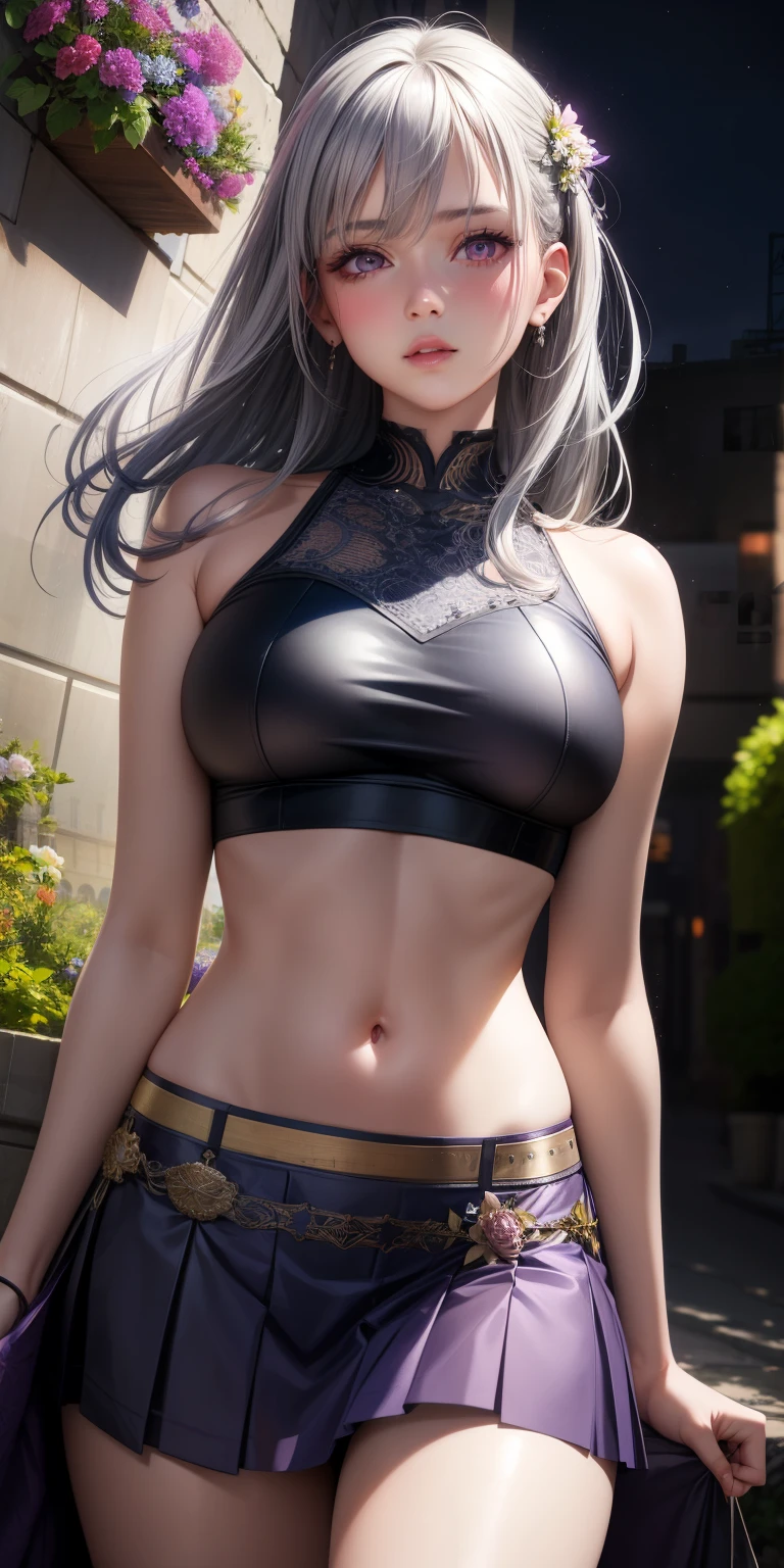 realistic, 1 girl, gray hair, purple eyes, shining eyes, crop top, skirt, parted lips, blush, night, flowers, sun, sunlight,