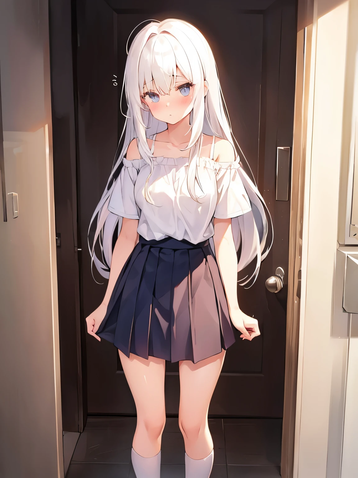 girl,white hair,Standing in the doorway,short skirt,short sleeves,Off the shoulders,blush,Shy with long hair