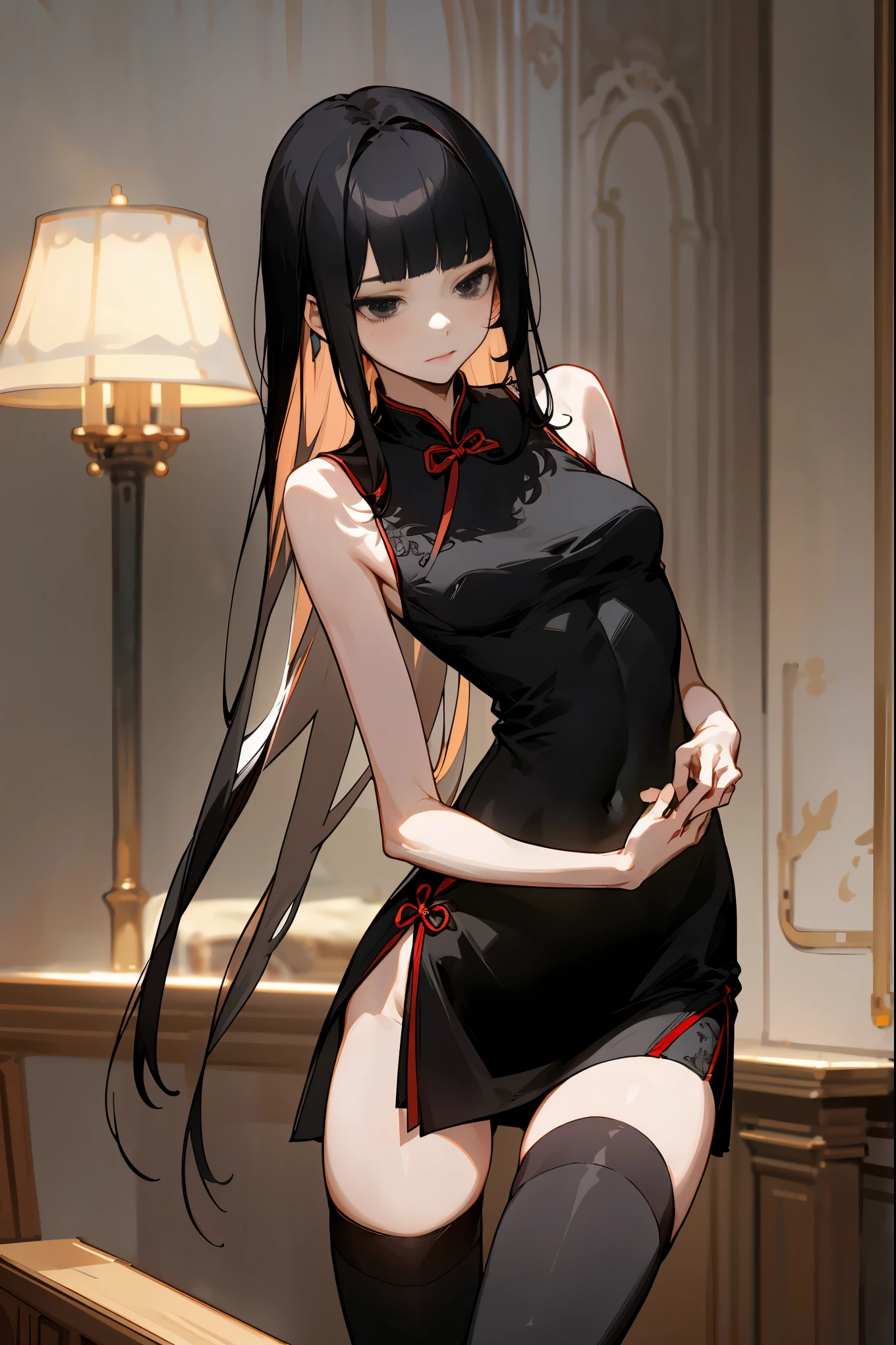(((extremely beautiful detailed anime face:1.3))),masterpiece, best quality、Perfect Anatomy, 1woman,solo,cowboy shot,20 year old beauty,black hair,long hair,blunt bangs,black eyes ,slender body,ideal ratio body proportions,medium breasts,short black cheongsam dress、sleeveless、deep slit,thigh_gap, black_thighhighs,standing,simple bedroom、indoor lighting、simple hotel、
