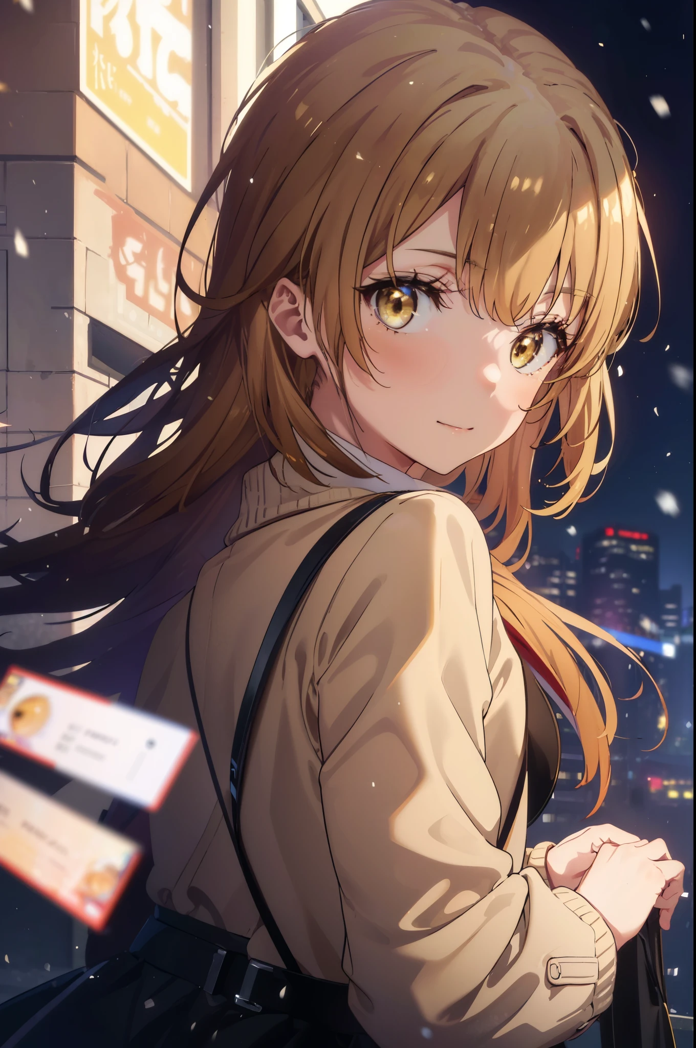 irohaisshiki, Isshiki Iroha, long hair, light brown hair, (brown eyes:1.5), smile,blush,yellow long coat,sweater,red muffler,long skirt,Black pantyhose,short boots,winter,It's snowing,garden,階段に座ってる
break outdoors, city,garden,
break looking at viewer,
break (masterpiece:1.2), highest quality, High resolution, unity 8k wallpaper, (shape:0.8), (beautiful and detailed eyes:1.6), highly detailed face, perfect lighting, Very detailed CG, (perfect hands, perfect anatomy),