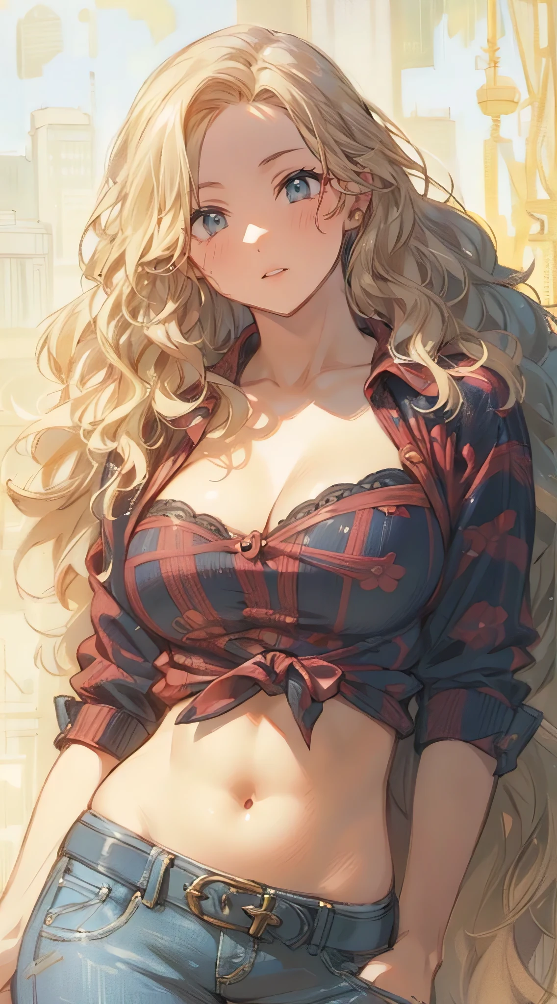 best quality, masterpiece, ultra-detailed, photorealistic, wavy hair, well-endowed, slim waist, wide hips, thick thighs, big gorgeous eyes, luscious lips, casual clothes, big city, anime realism by ayami kojima and donato giancola --ar 9:16 --stylize 250 --niji 6