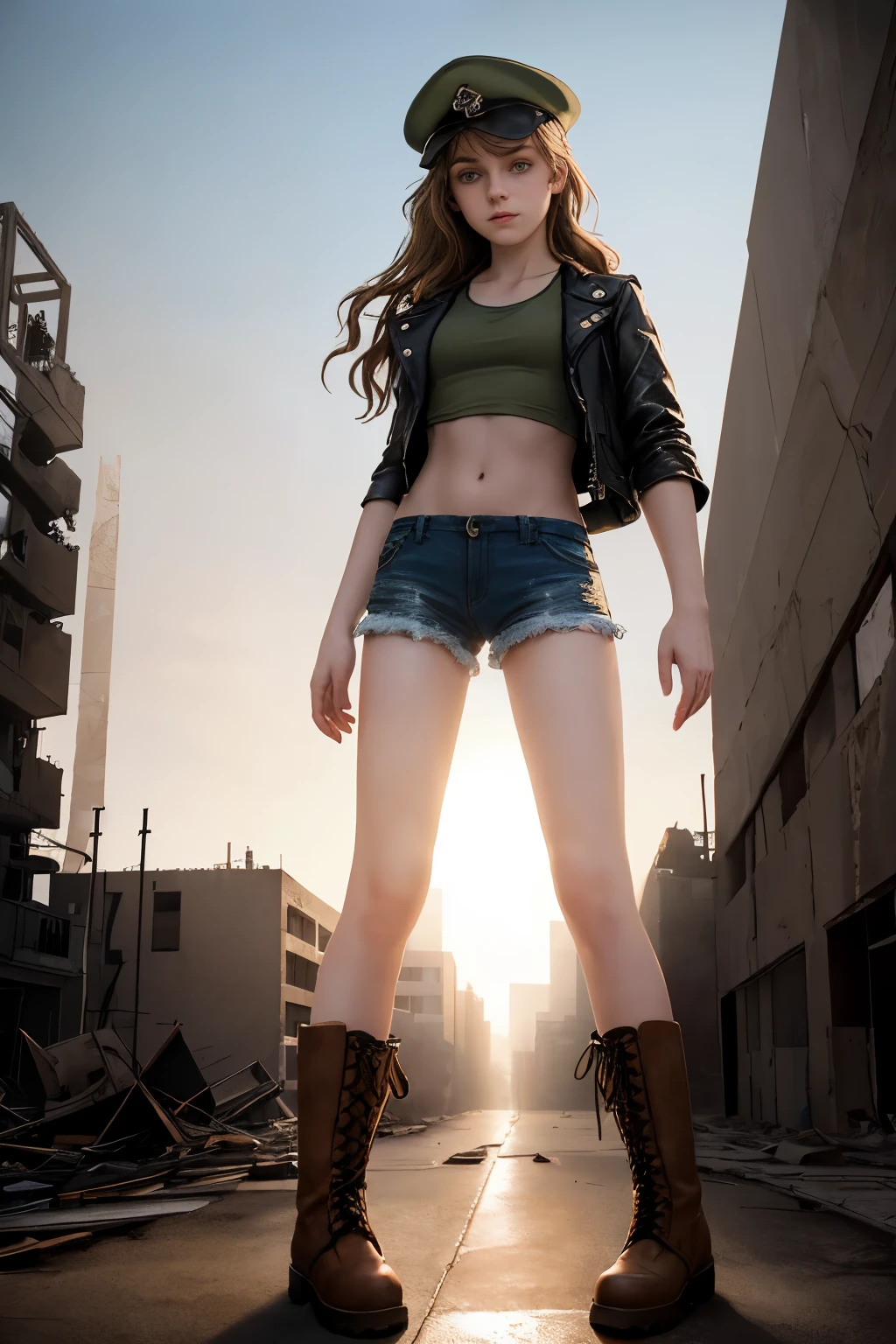 masterpiece, best quality, hyperrealistic, cinematic photo,  girl, pale skin, italian amazing slim and fit body, Green Military Cap, Leather jacket, thight tanktop, denim shorts, Brown boots, long brown wavy hair, large legs, perfect hands, beautiful face, perfect face, youthful, (blured background), modern style, from below, (low-angle shoot), full body shot, standing, underneath shot, (view viewer), looking at viewer,(8k, epic composition, photorealistic, sharp focus), sophisticated background, Outside a destroyed building in a post-apocalyptic city, DSLR, foil grain, backlight