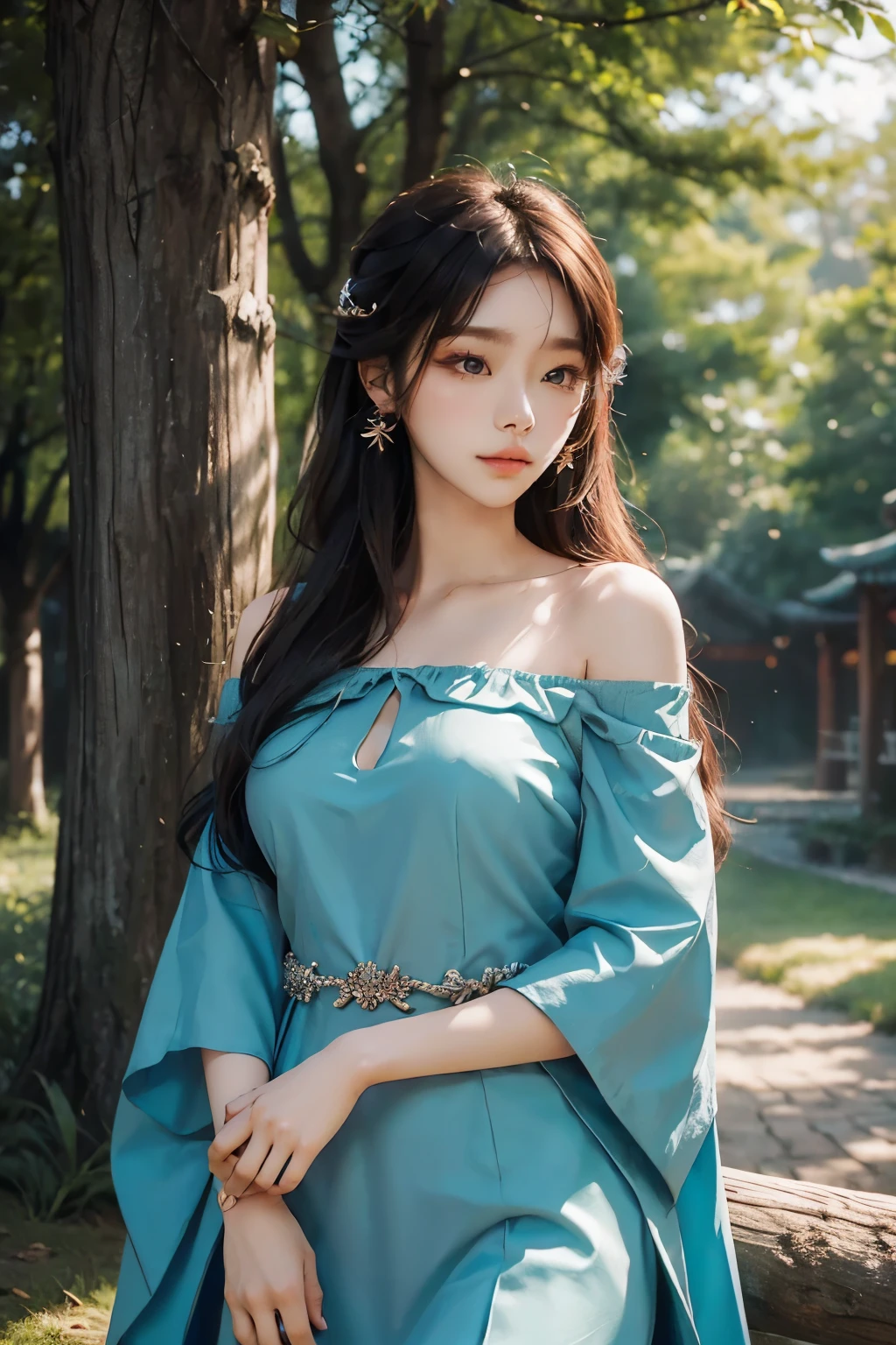 Korean beautiful girl, long straight hair, hair and, hair pin, off shoulder simple dress, tree background, details, high quality, photography, vibrant colours