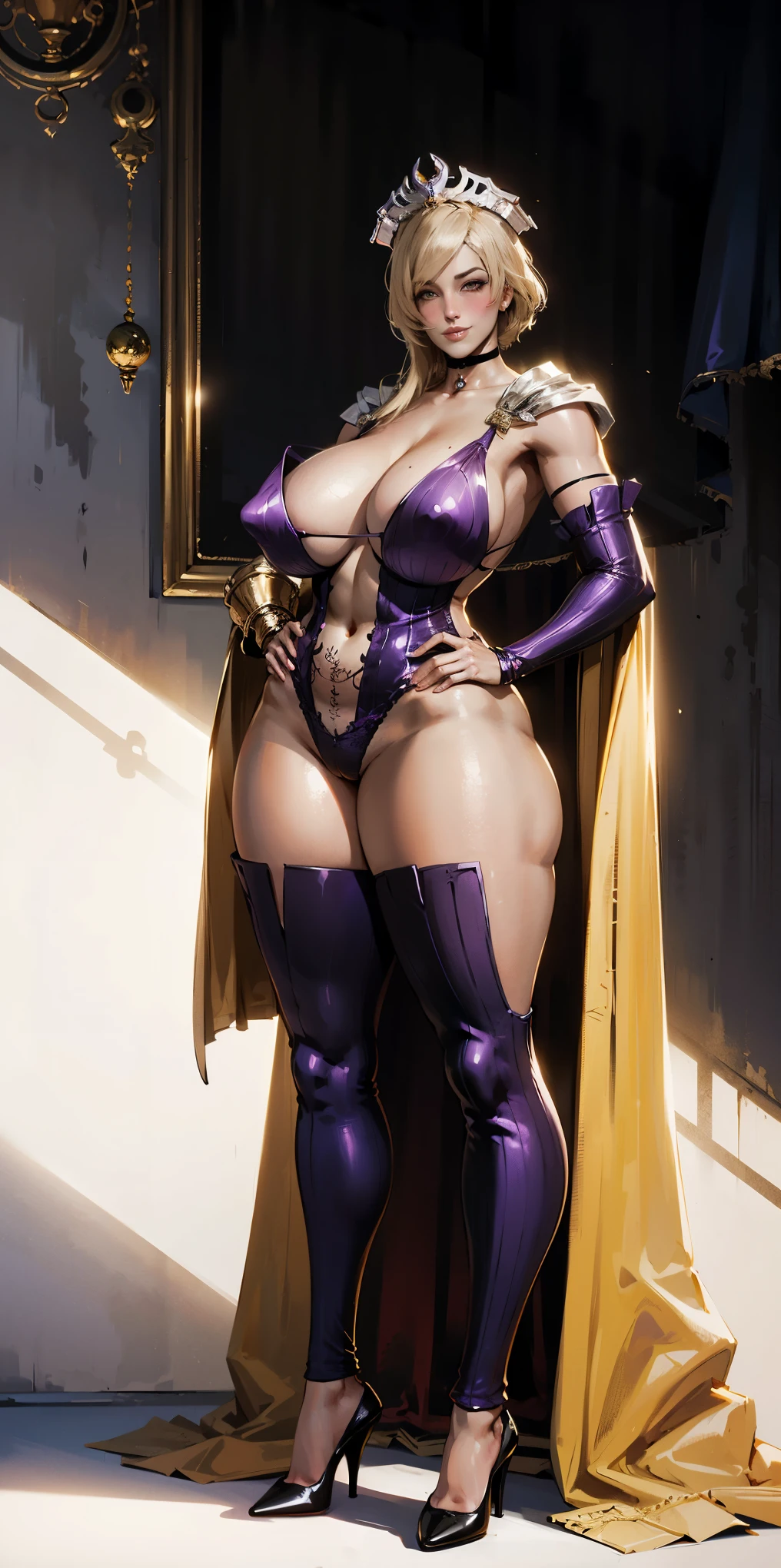 white background, revealing clothes, headwear, 1girl, solo, long hair, breasts, looking at viewer, blush, purple sleeves,smirk, Two long thighs, yellow eyes, blonde hair, short hair, large breasts, detached sleeves, very white background, royal tiara, long cape, yellow tiger bikini, high heels, hands on hips. red tattoo on belly navel, full body female MILF BIMBO, lustful smirking smile face (red blush), metal shoulders, golden bracers sleeveless, black choker sex slave

