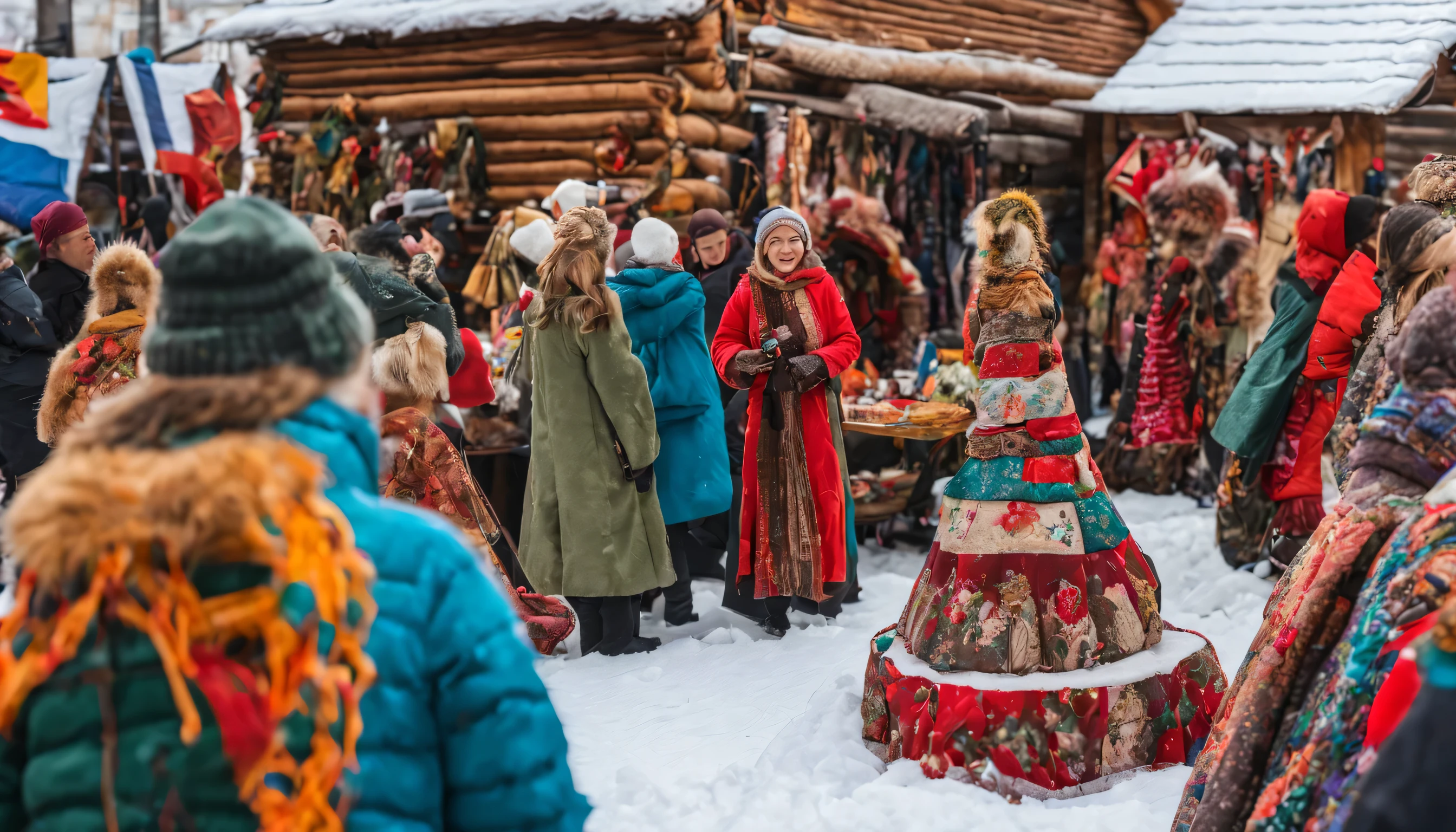 PHOTOGRAPHY from afar,  winter street fair in Russian folk traditions, bright colors, textile, snow, Souvenirs, good, samovar and other attributes, modern items may also be present