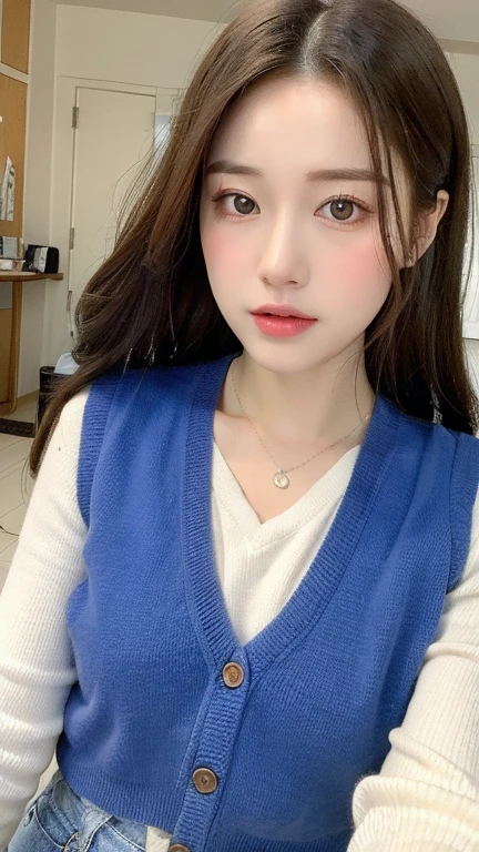(lifelike, high resolution:1.3), 1 girl with perfect figure, The face shape and eyes are super delicate,long hair, random color vest:1.2, short jeans, Big Bubu,Baogou