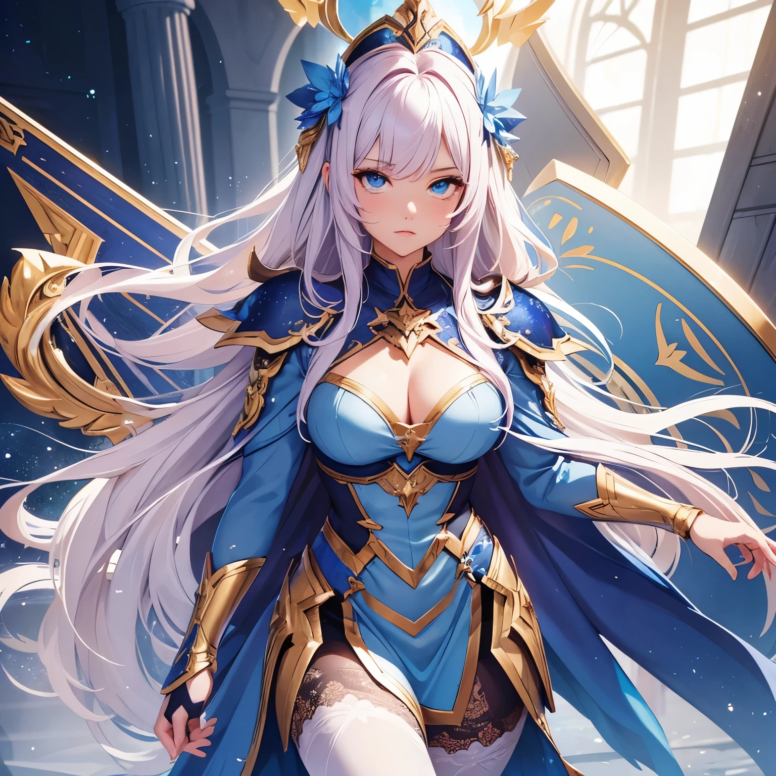 ((masterpiece, highest quality)), (detailed face), character design sheet,full body esbian, perfect proportions,Full of details, Multiple poses and expressions, very detailed, beautiful paladin girl,with a shield,((fascinating)),blue pink gradation hair color,fine eyes, beautiful eyes, ((See-through),lace pantyhose,High Balance, Overhead halo,Natural light,Star decoration,