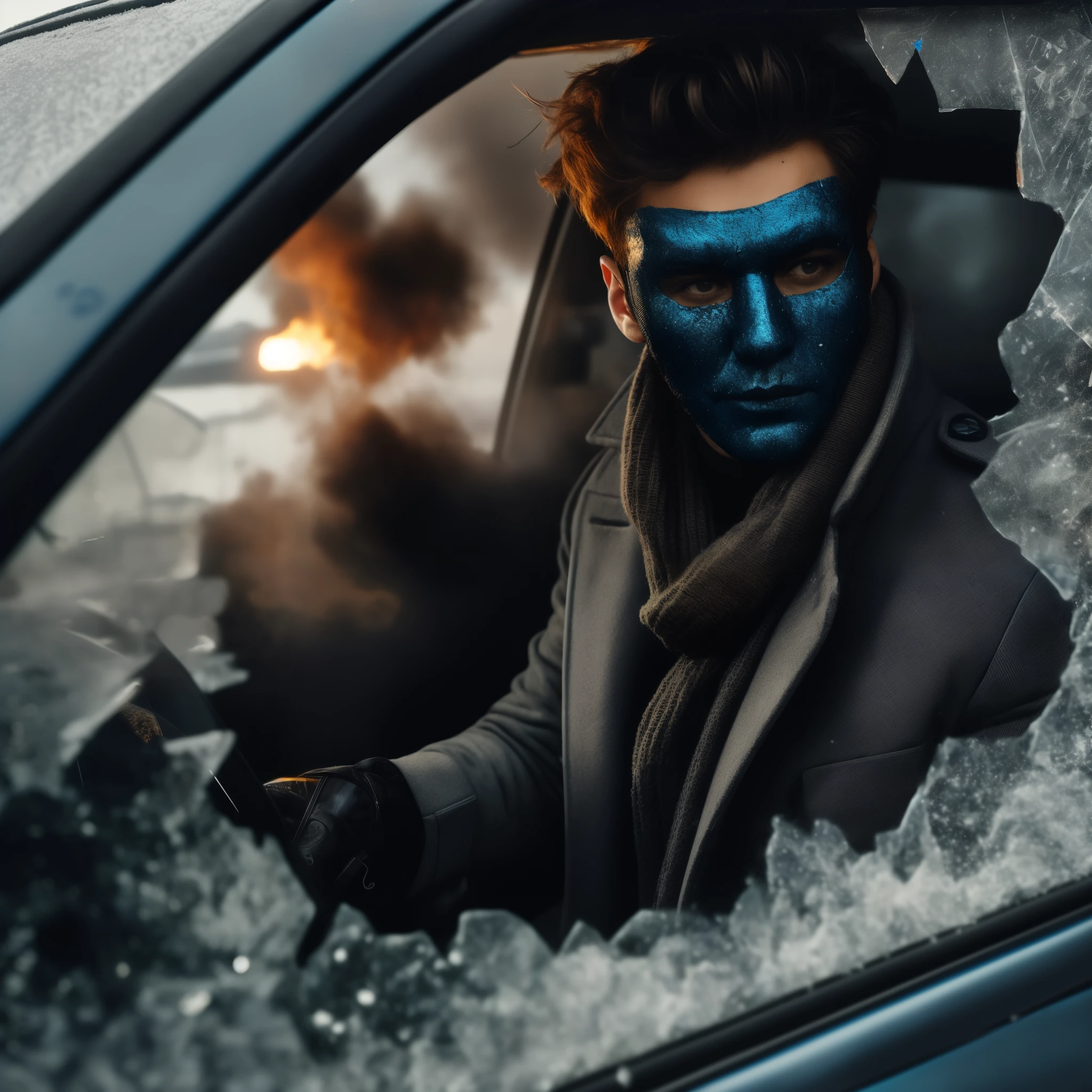 arafed man with blue face paint sitting in a car, dramatic cinematic action shot, anonymous as a car, dramatic action photography, cinematic action shot, cinematic photo shoot, shattered visor, cyberpunk photo, cyberpunk style , hyperrealistic, cinematic photogtaphy, in cyberpunk style, anton fadeev 8 k, dramatic action scene, hyper-realistic cyberpunk style