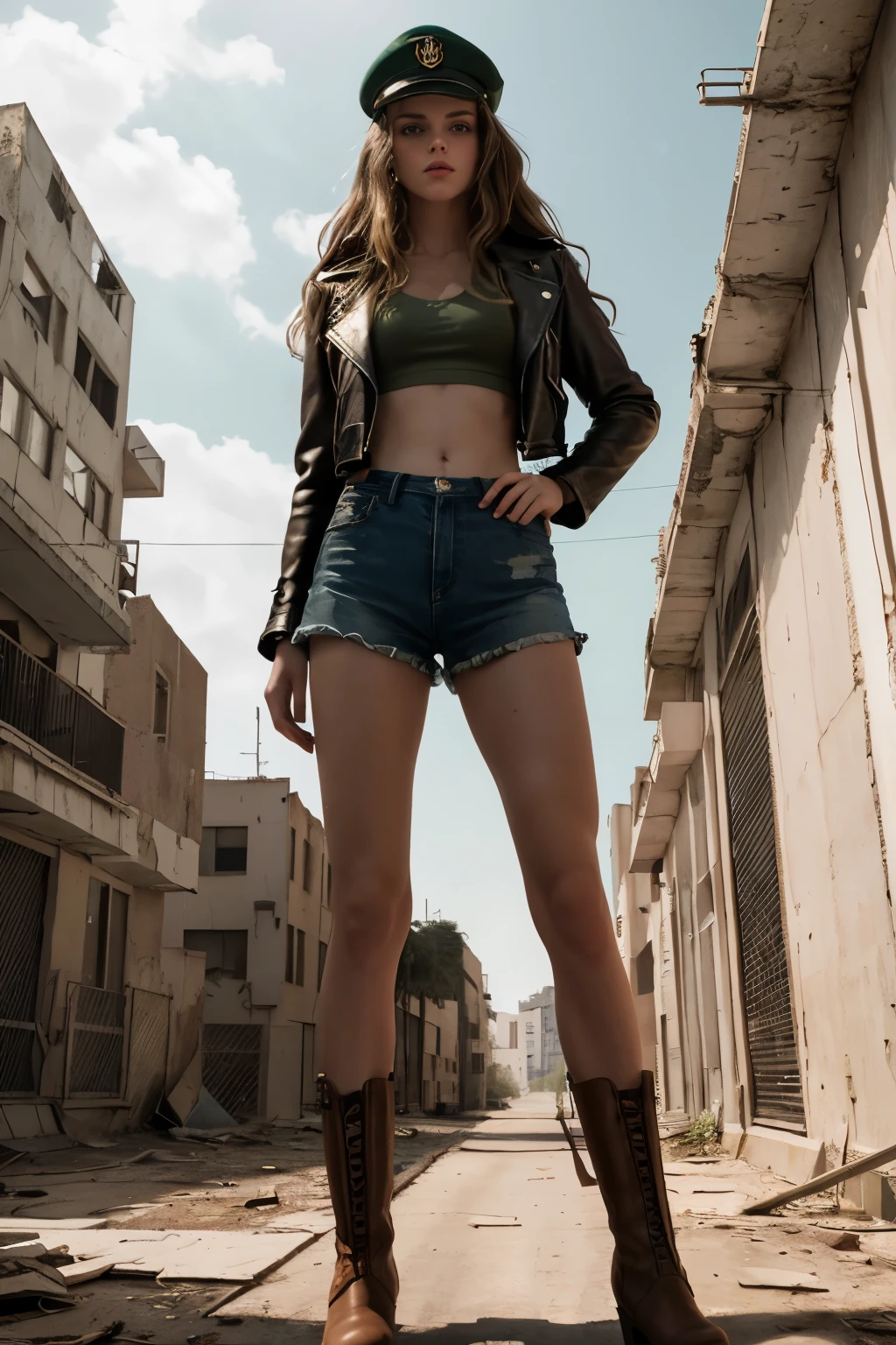 masterpiece, best quality, hyperrealistic, cinematic photo,  girl, pale skin, italian amazing slim and fit body, Green Military Cap, Leather jacket, thight tanktop, denim shorts, Brown boots, long brown wavy hair, large legs, perfect hands, beautiful face, perfect face, youthful, (blured background), modern style, from below, (low-angle shoot), full body shot, sqjatting, underneath shot, (view viewer), looking at viewer,(8k, epic composition, photorealistic, sharp focus), sophisticated background, On an abandoned street in a post-apocalyptic city, DSLR, foil grain, backlight