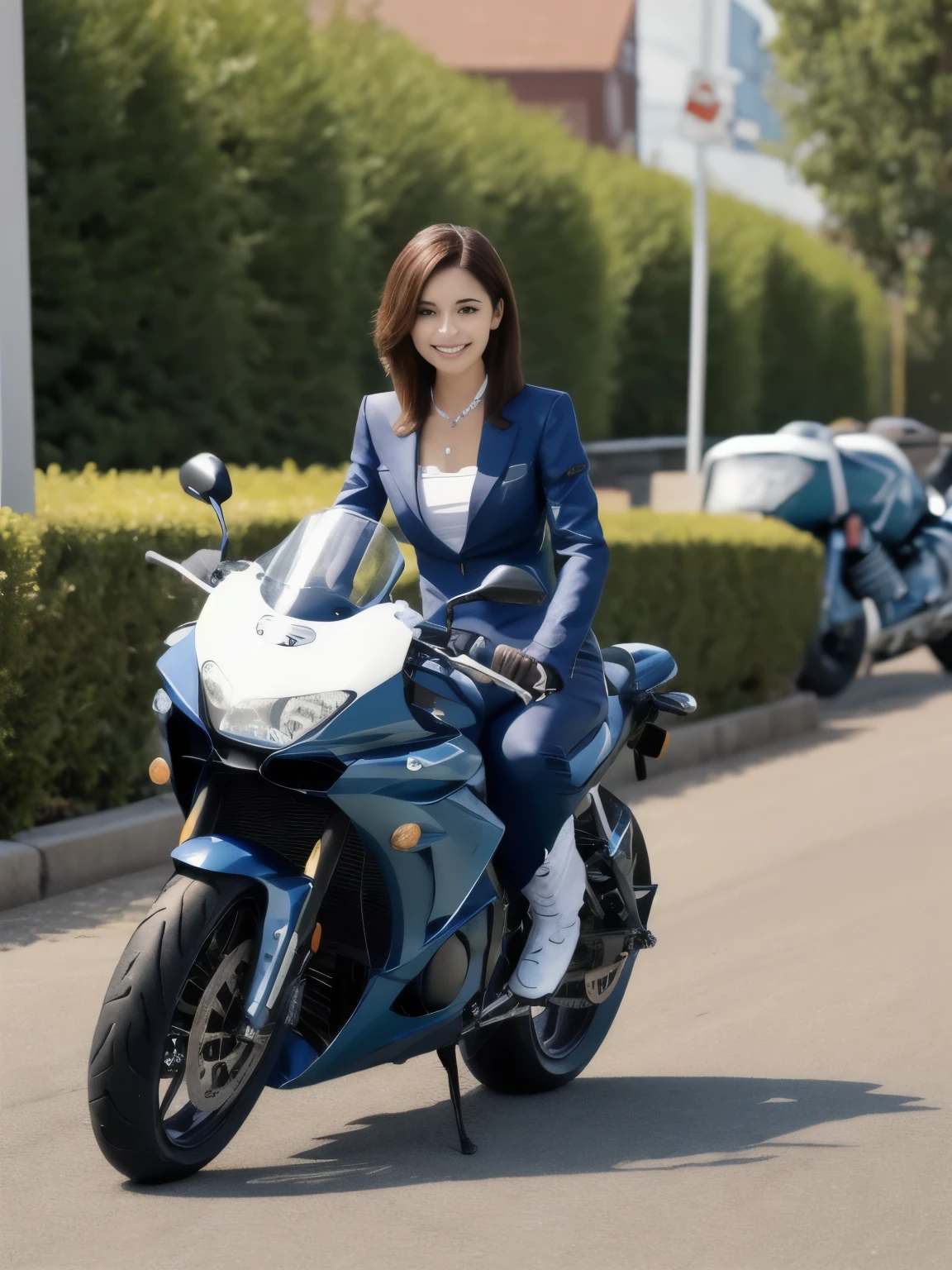 ((highest quality)), ((muste piece)), (detailed pictures), perfect face、(((beautiful face)))、(((riding a motorcycle)))、smile、short hair、long legs、slender body、blue rider suit、Racing Boots、Tanned face