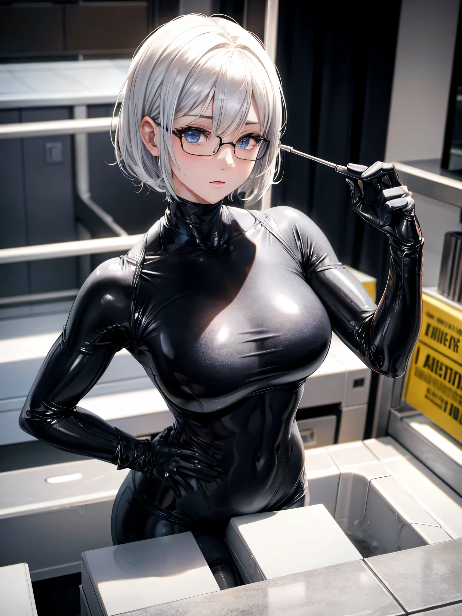 Top quality 8K UHD、short hair、pieces fly、cute eyes、silver hair、Glasses、logic、logic骨格系々、Full body gloss、Beautiful woman wearing a full-body black metallic suit、A black rubber suit that hides your lustrous skin