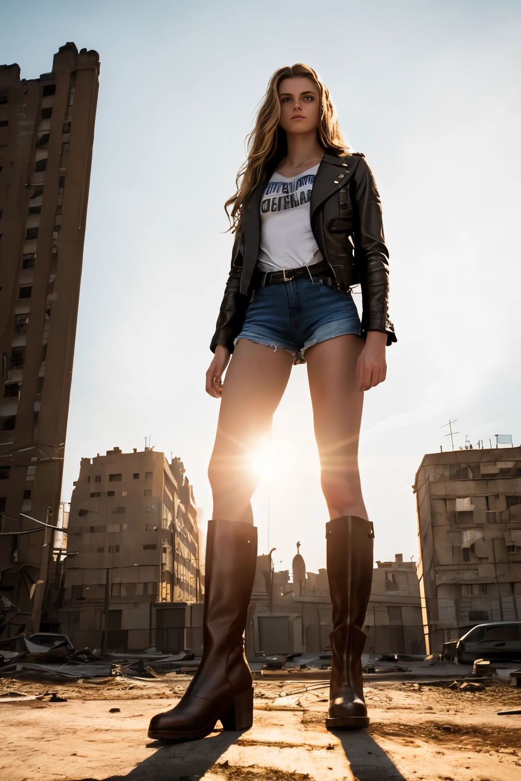 masterpiece, best quality, hyperrealistic, cinematic photo, 16 year old girl, giantess, GTS, pale skin, italian amazing slim and fit body, Leather jacket, thight tanktop, denim shorts, Brown boots, long brown wavy hair, large legs, perfect hands, beautiful face, perfect face, youthful, (blured background), modern style, from below, (low-angle shoot), full body shot, standing on a post-apocalyptic city, aereal view, (view viewer), looking at viewer,(8k, epic composition, photorealistic, sharp focus), sophisticated background, On a post-apocalyptic city, DSLR, foil grain, backlight