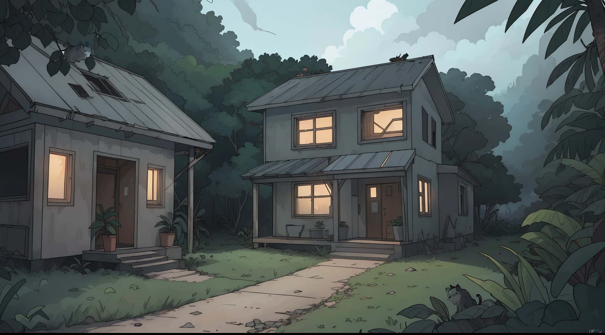 A grey cat is living in an abandoned house in the middle of the jungle, dia ensolarado, Volumetric lights, dynamic compositing, detalhes intrincados, High definition, high resolution, scenic view, estilo anime