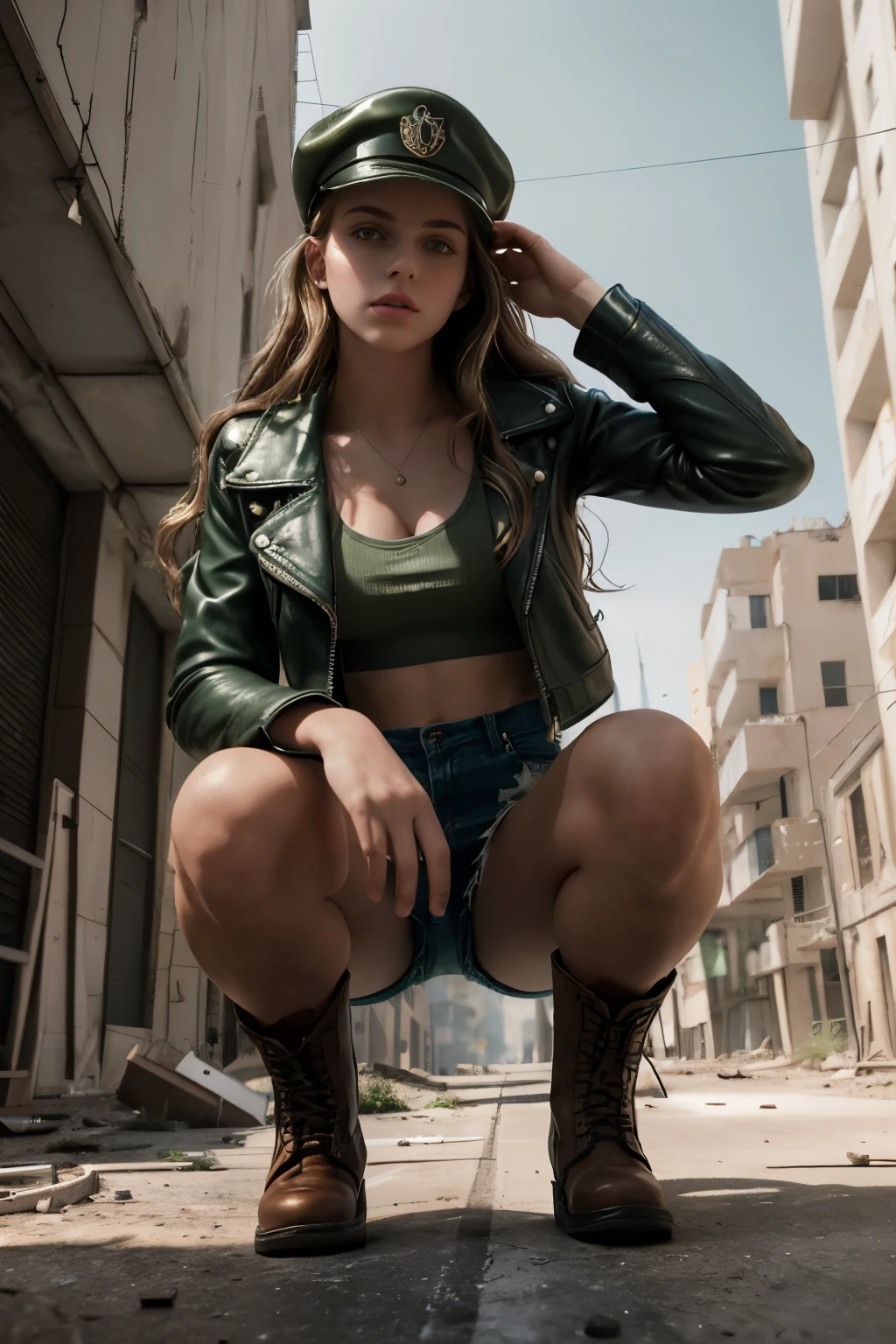 masterpiece, best quality, hyperrealistic, cinematic photo,  girl, pale skin, italian amazing slim and fit body, Green Military Cap, Leather jacket, thight tanktop, denim shorts, Brown boots, long brown wavy hair, large legs, perfect hands, beautiful face, perfect face, youthful, (blured background), modern style, from below, (low-angle shoot), low_angle_human, towering, full body shot, squatting, underneath shot, (view viewer), looking at viewer,(8k, epic composition, photorealistic, sharp focus), sophisticated background, On an abandoned street in a post-apocalyptic city, DSLR, foil grain, backlight