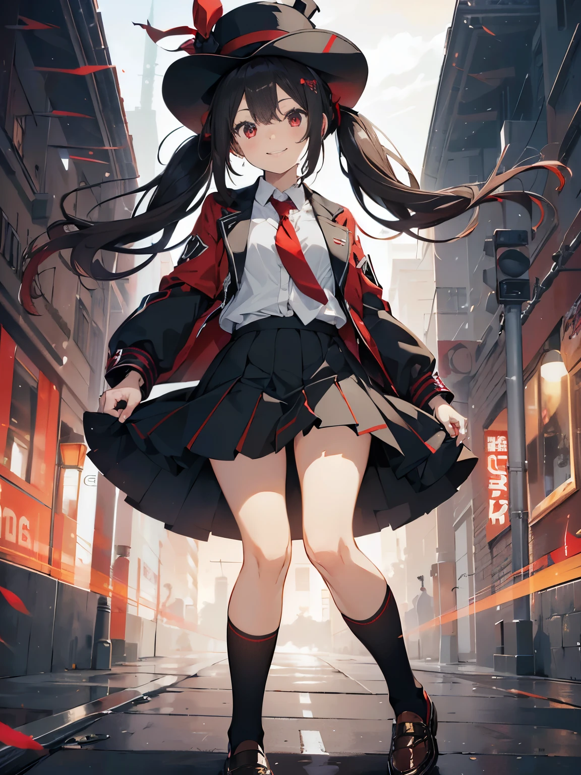masterpiece,best quality,highest quality,ultra detailed,extremely detailed,highres,official art,high-resolution,4K,8k,UHD,detail eyes, detail face, dynamic angle, ((a girl)), solo, ((cute and beautiful)), (white low twintail hair), ((red and black magician hat)), (black thin magician stick),(red eyes),(red and black check long jacket), (white shirt and scarlet tie), (middle black skirt), (long socks), ((right sock is red and left sock is black)), (dark brown loafers),((smiling)),((cinematic lighting))